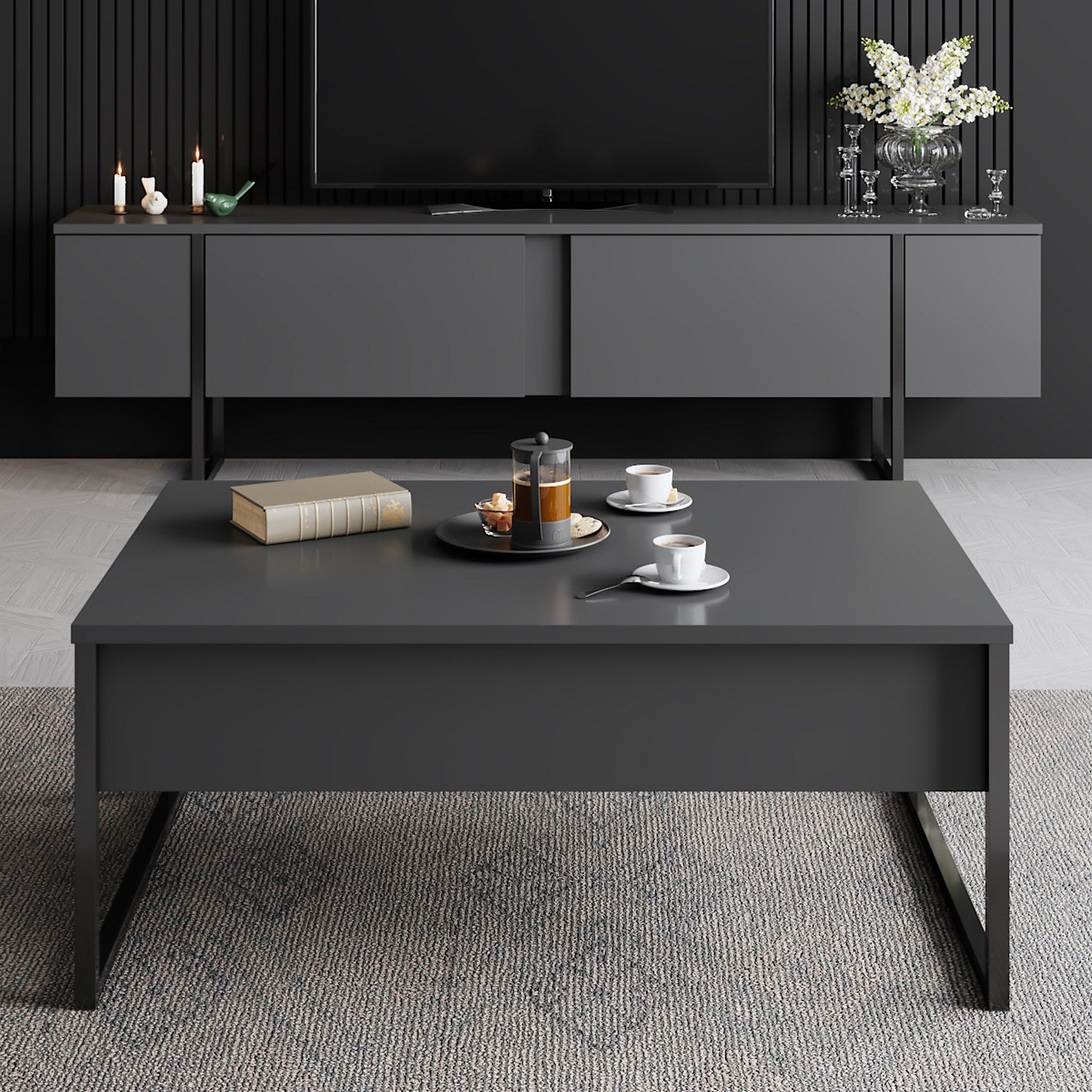 Suporte de TV elegante, antracite e preto, 180 x 30 x 50 cm | Painel de partículas 100% revestido de melamina, 18 mm de espessura, pernas de metal resistentes | Design moderno para sala de estar