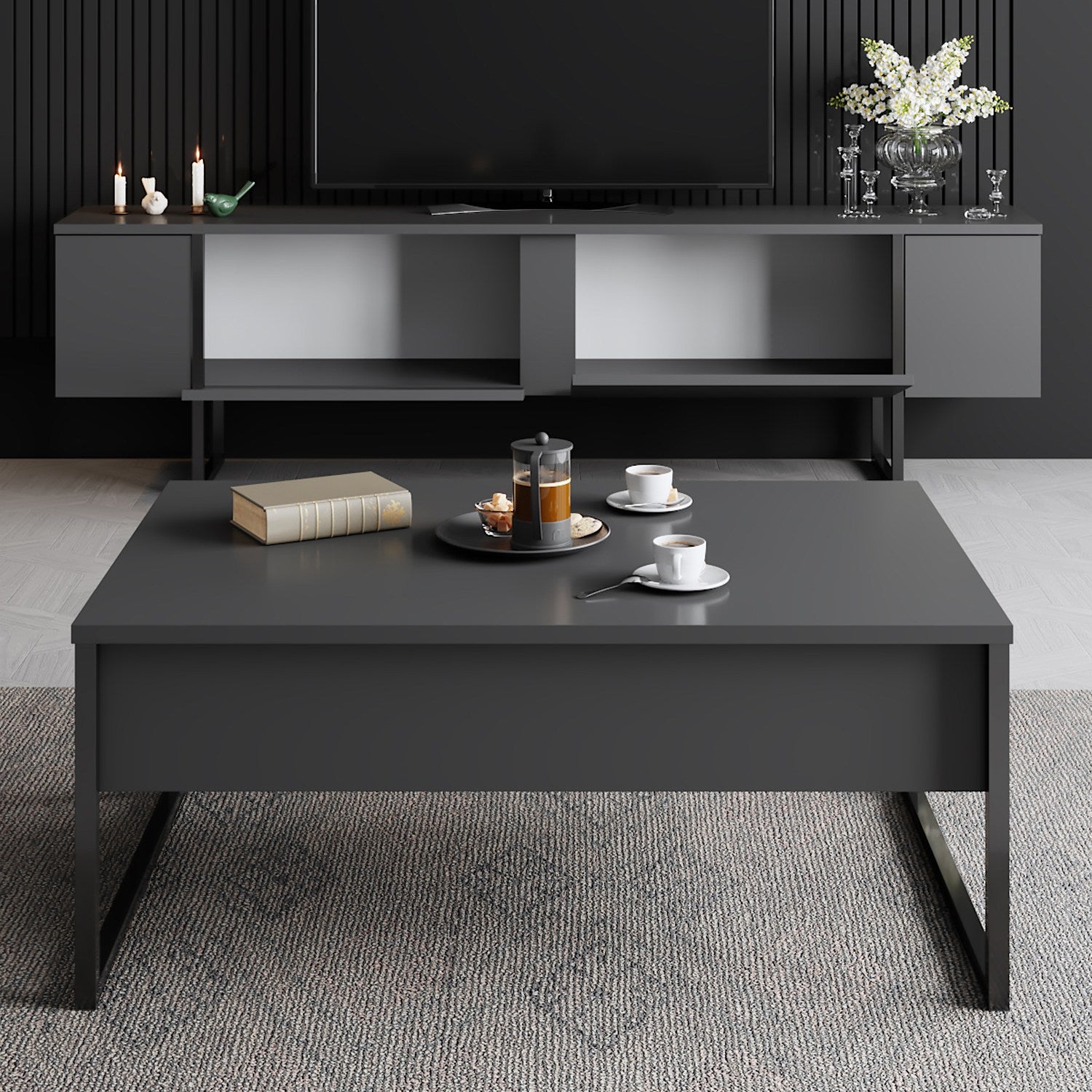 Suporte de TV elegante, antracite e preto, 180 x 30 x 50 cm | Painel de partículas 100% revestido de melamina, 18 mm de espessura, pernas de metal resistentes | Design moderno para sala de estar