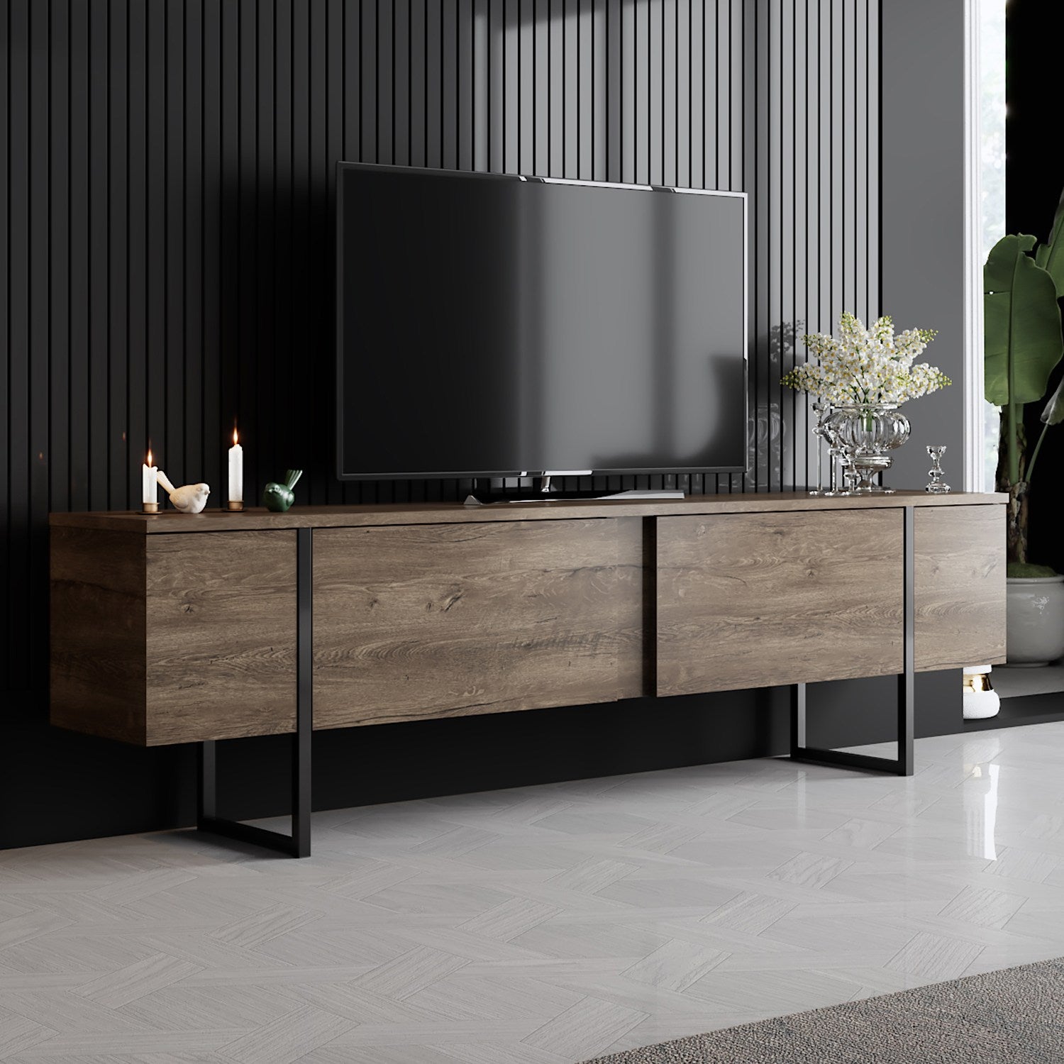 Suporte de TV elegante com pernas de metal, nogueira e preto, 180 x 30 x 50 cm | Painel de partículas 100% revestido de melamina, 18 mm de espessura | Design moderno para sala de estar