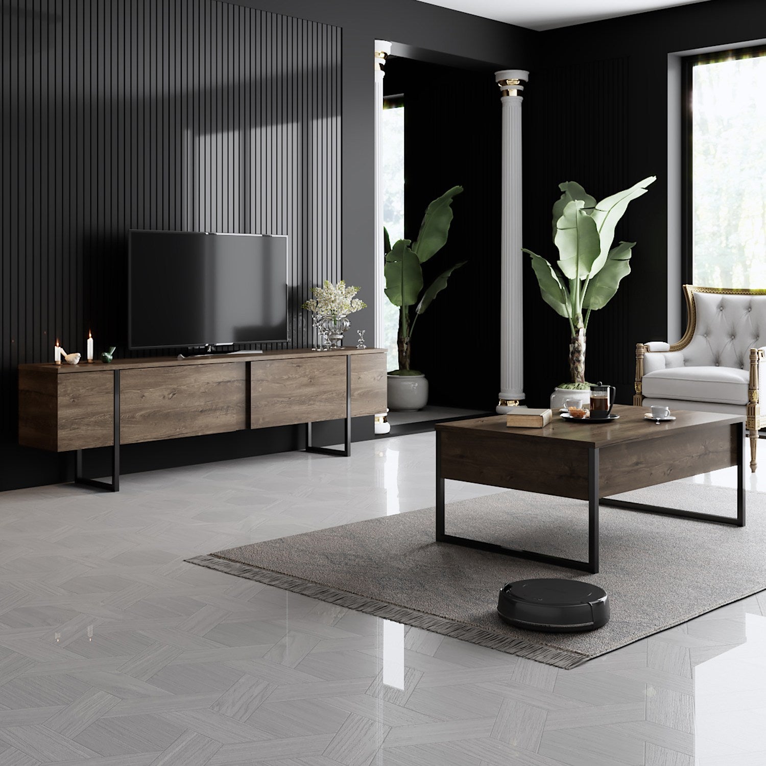 Suporte de TV elegante com pernas de metal, nogueira e preto, 180 x 30 x 50 cm | Painel de partículas 100% revestido de melamina, 18 mm de espessura | Design moderno para sala de estar