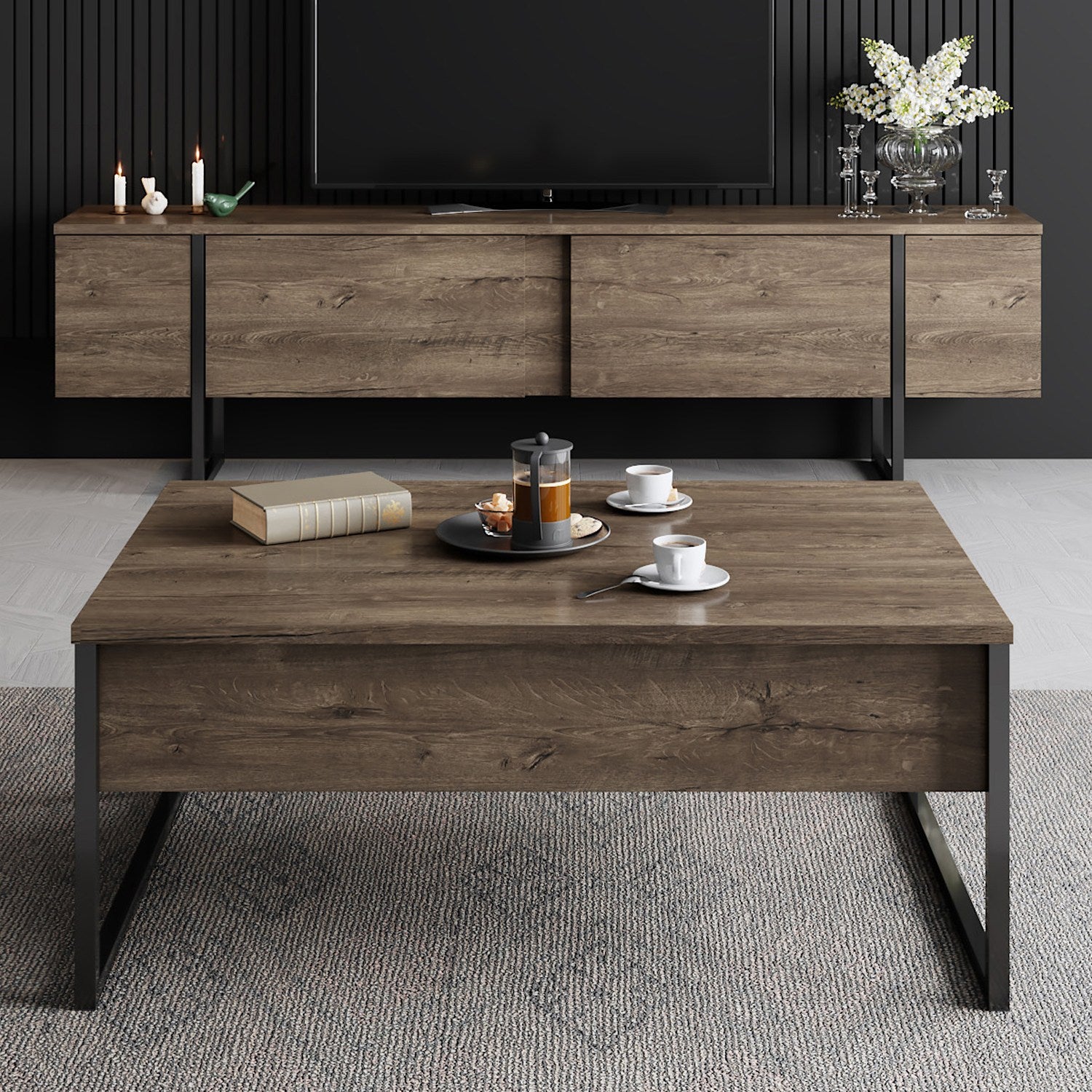 Suporte de TV elegante com pernas de metal, nogueira e preto, 180 x 30 x 50 cm | Painel de partículas 100% revestido de melamina, 18 mm de espessura | Design moderno para sala de estar