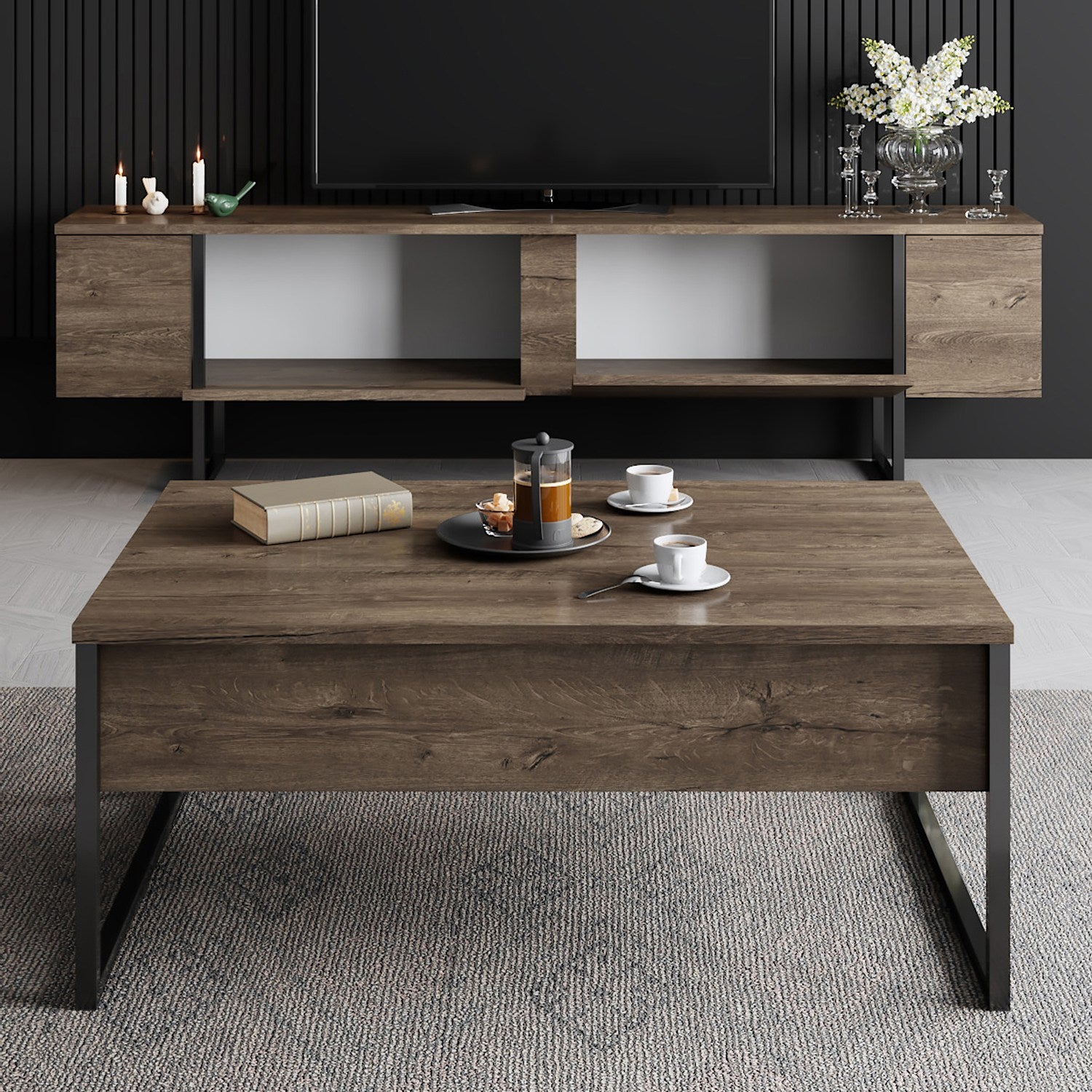 Suporte de TV elegante com pernas de metal, nogueira e preto, 180 x 30 x 50 cm | Painel de partículas 100% revestido de melamina, 18 mm de espessura | Design moderno para sala de estar