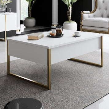 Mesa de Centro Elegante com Pés de Metal, Branca e Dourada, 90 x 60 x 40 cm | Painel de Partículas 100% Revestido em Melamina, 18 mm de Espessura | Uma Adição Elegante para Qualquer Sala de Estar