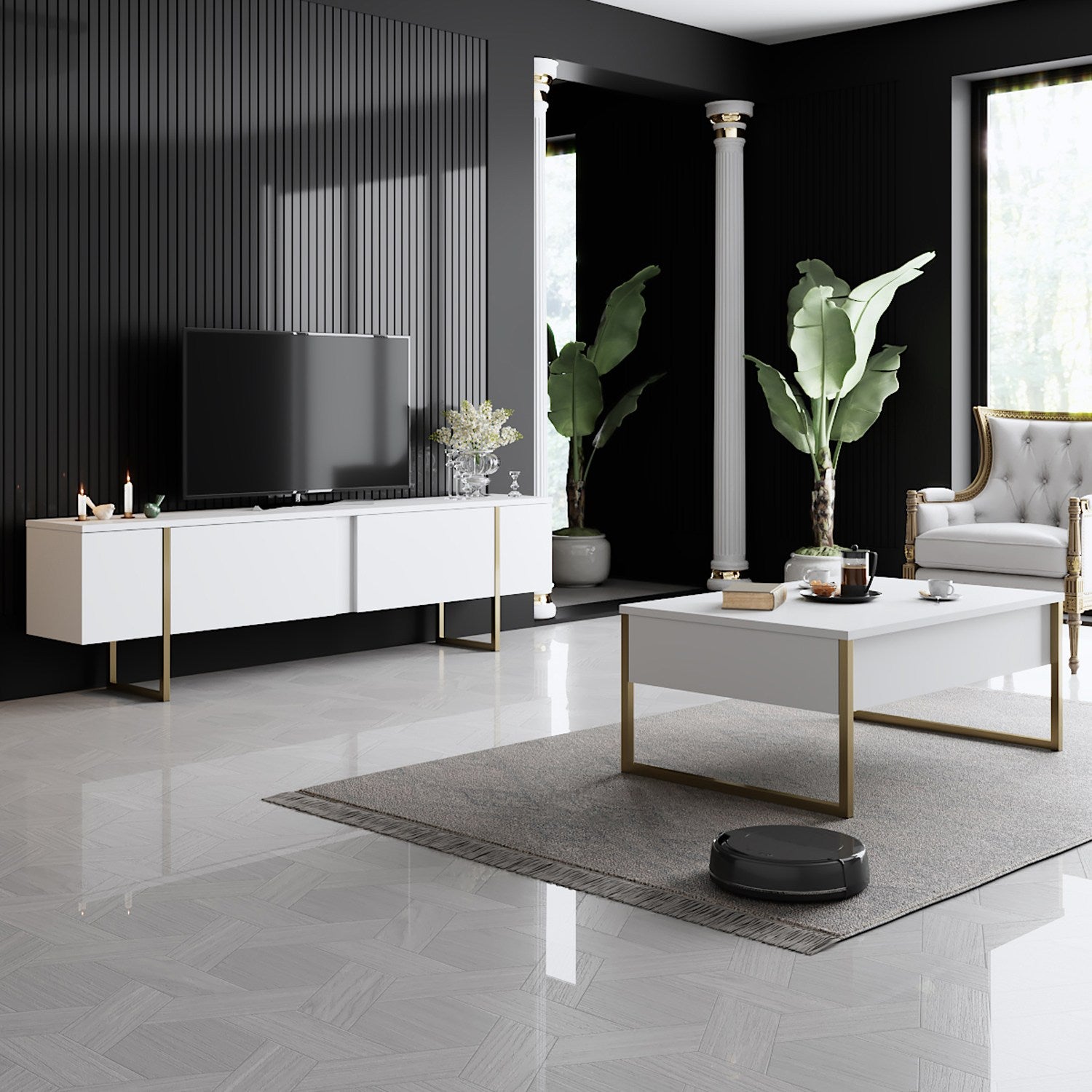 Mesa de Centro Elegante com Pés de Metal, Branca e Dourada, 90 x 60 x 40 cm | Painel de Partículas 100% Revestido em Melamina, 18 mm de Espessura | Uma Adição Elegante para Qualquer Sala de Estar