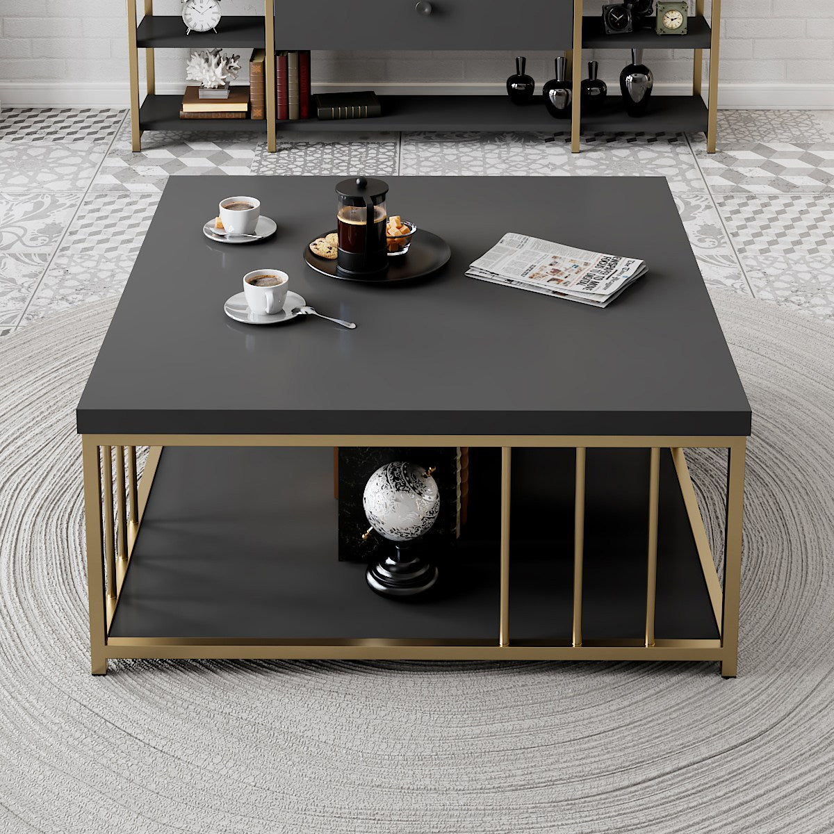 Mesa de Centro – 90 x 90 x 40 cm – Antracite e Dourado – Painel de Partículas revestido em Melamina
