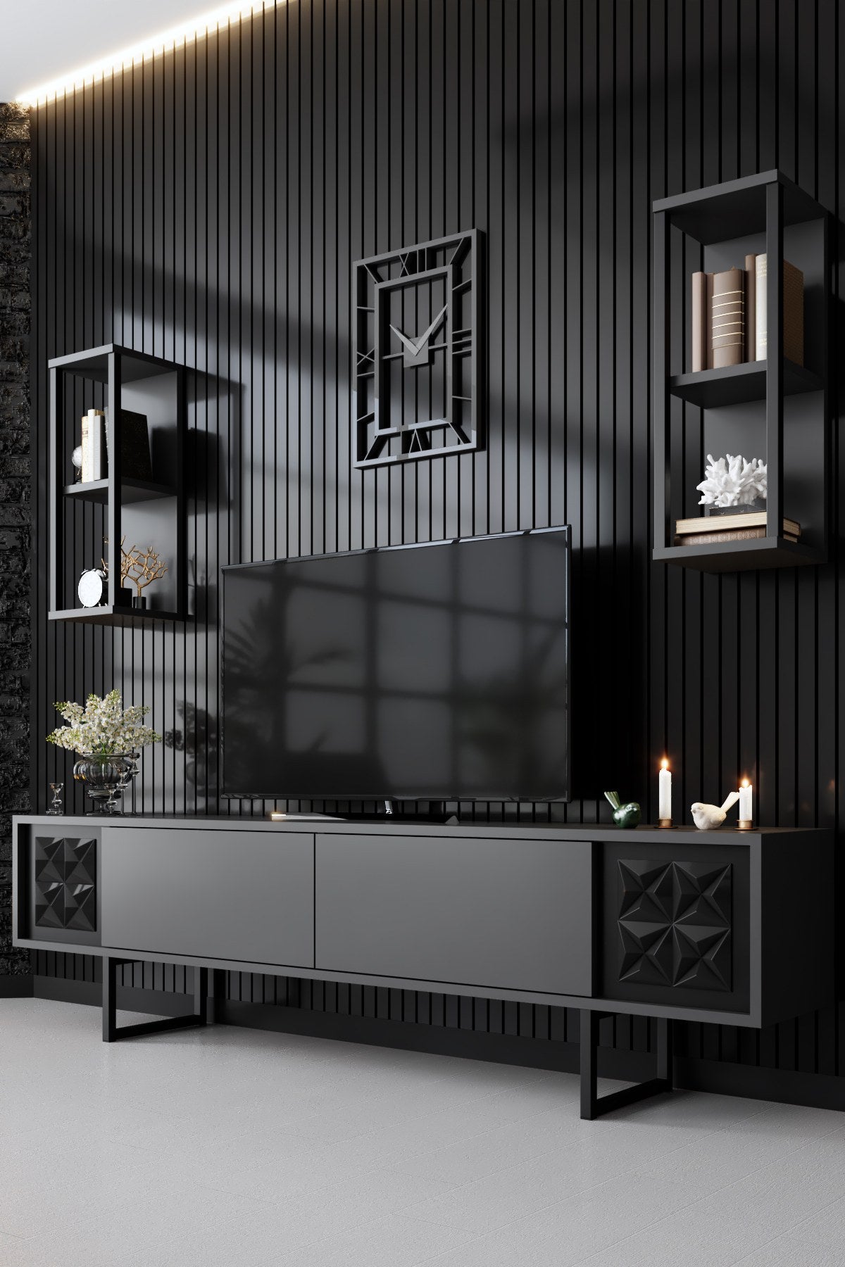 Móvel de TV elegante com prateleiras de parede, antracite e preto, 180 x 30 x 48 cm | Painel de partículas 100% revestido em melamina, pés de metal | Design moderno para sala de estar