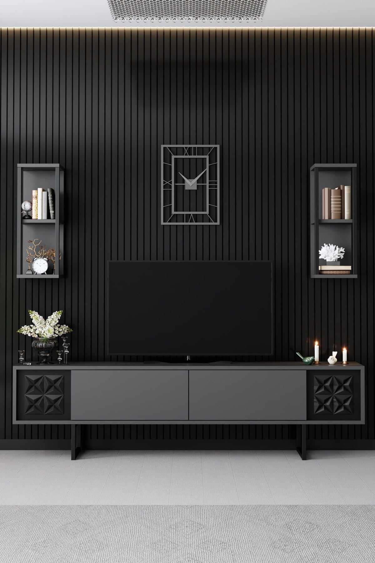 Móvel de TV elegante com prateleiras de parede, antracite e preto, 180 x 30 x 48 cm | Painel de partículas 100% revestido em melamina, pés de metal | Design moderno para sala de estar