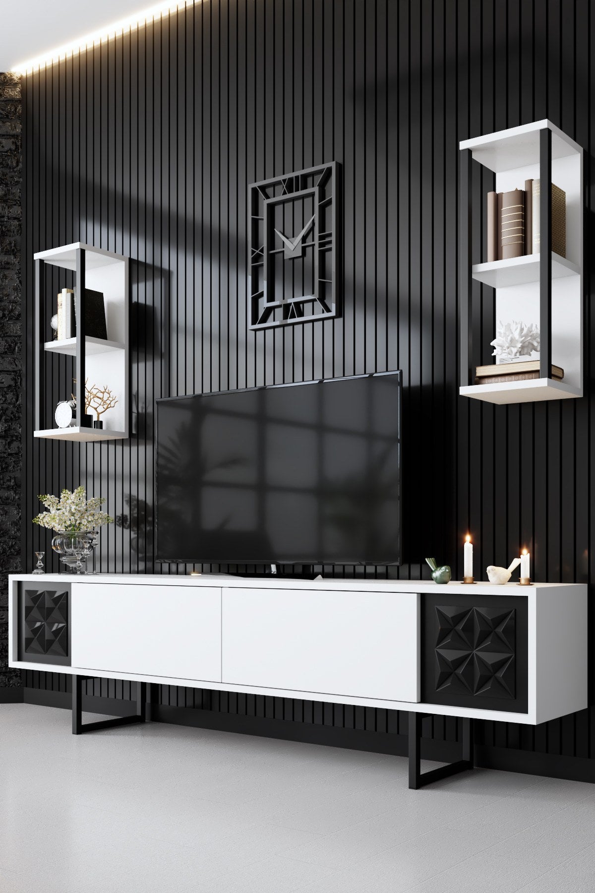 Móvel de TV elegante com prateleiras de parede (2 peças), branco e preto, 180 x 30 x 48 cm | 100% revestido em melamina, pernas de metal, design moderno para salas de estar e espaços de entretenimento