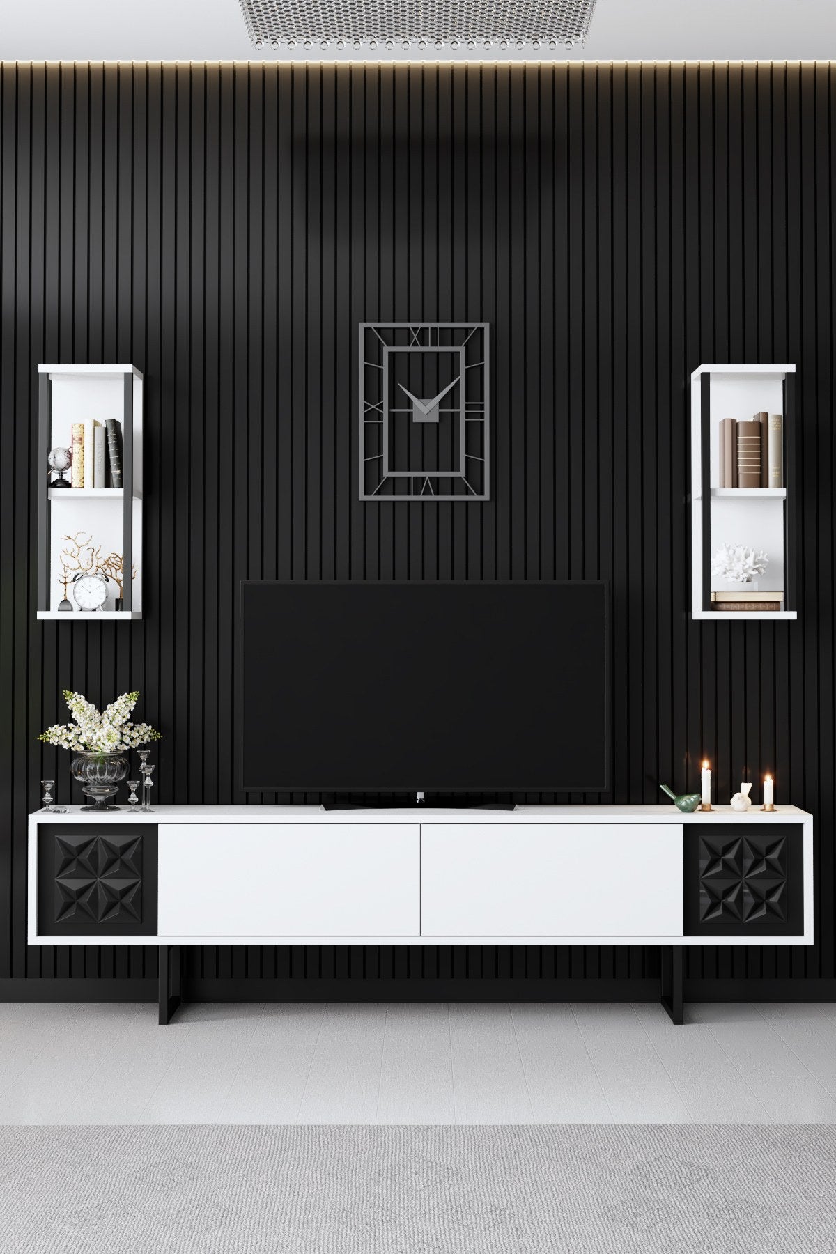 Móvel de TV elegante com prateleiras de parede (2 peças), branco e preto, 180 x 30 x 48 cm | 100% revestido em melamina, pernas de metal, design moderno para salas de estar e espaços de entretenimento