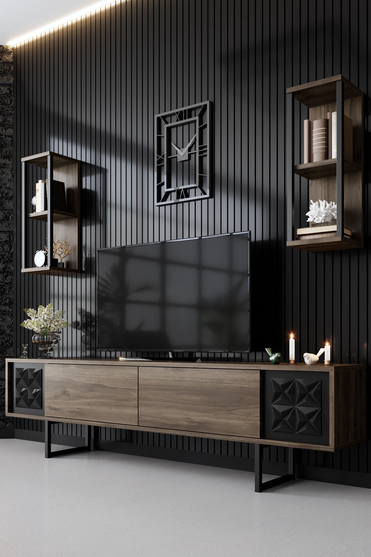Móvel de TV elegante com prateleiras de parede, nogueira e preto, 180 x 30 x 48 cm | Painel de partículas 100% revestido em melamina, pés de metal | Design moderno para sala de estar