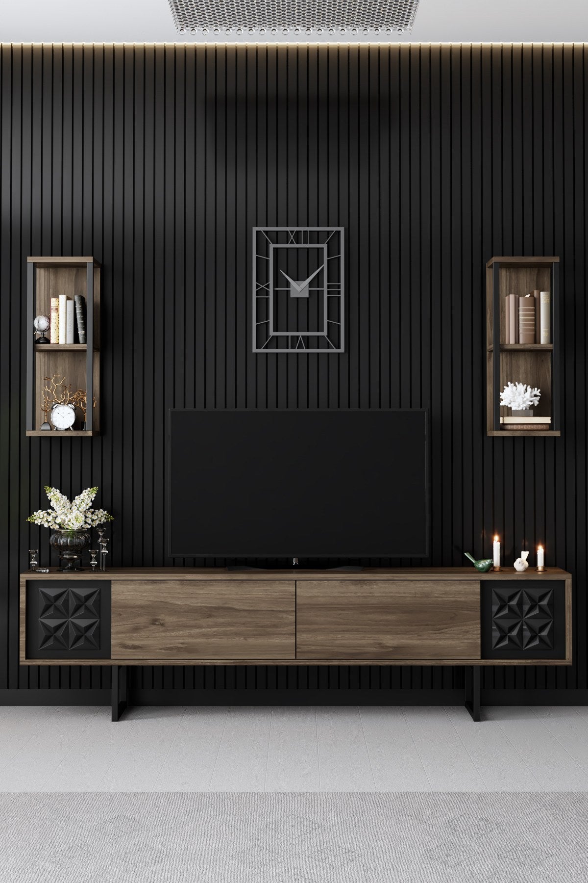 Móvel de TV elegante com prateleiras de parede, nogueira e preto, 180 x 30 x 48 cm | Painel de partículas 100% revestido em melamina, pés de metal | Design moderno para sala de estar