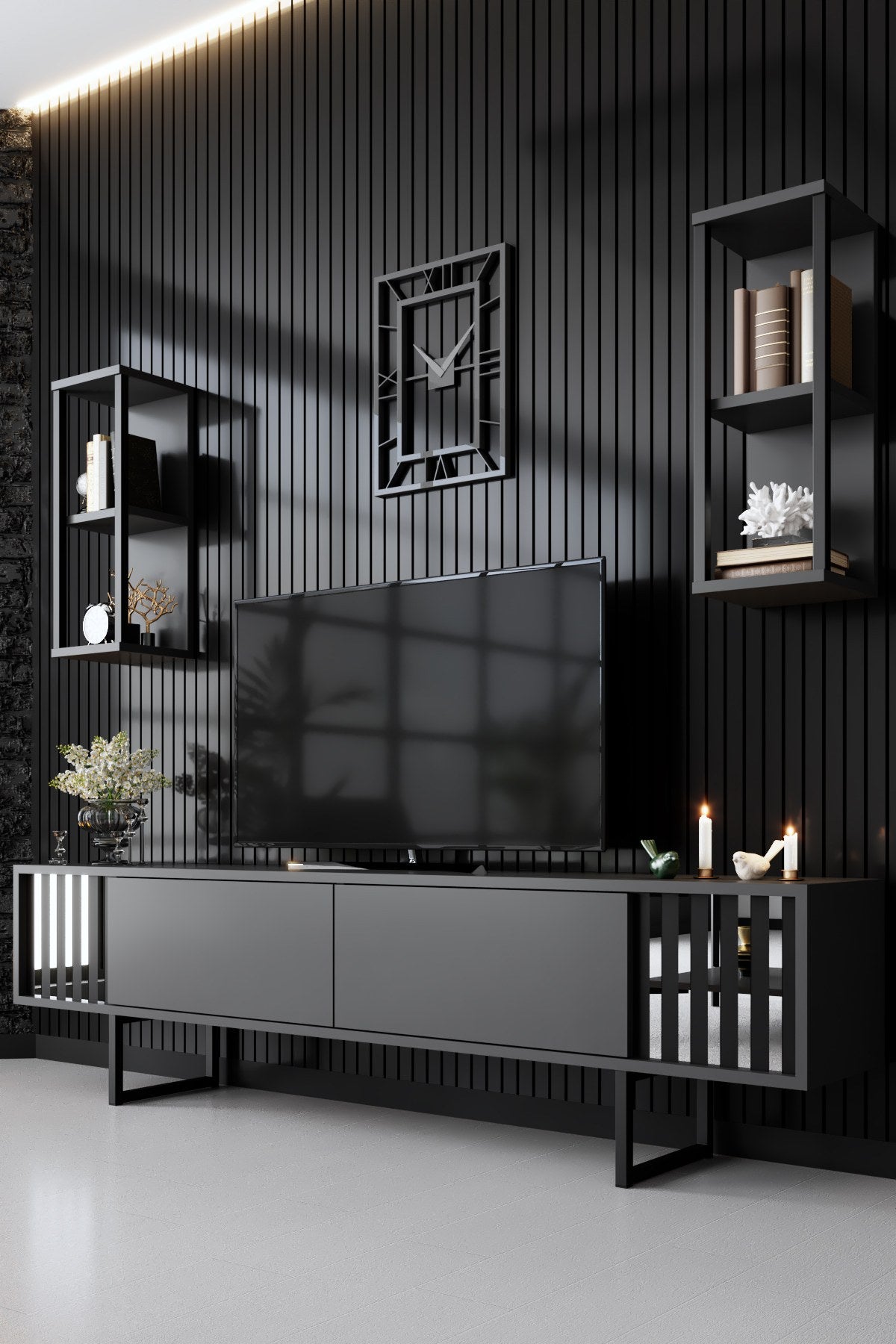 Móvel de TV elegante com prateleiras de parede, antracite e preto, 180 x 30 x 48 cm | Painel de partículas 100% revestido em melamina, pés de metal | Design moderno para sala de estar