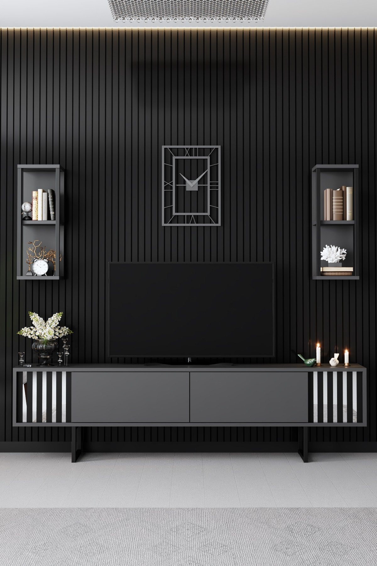 Móvel de TV elegante com prateleiras de parede, antracite e preto, 180 x 30 x 48 cm | Painel de partículas 100% revestido em melamina, pés de metal | Design moderno para sala de estar