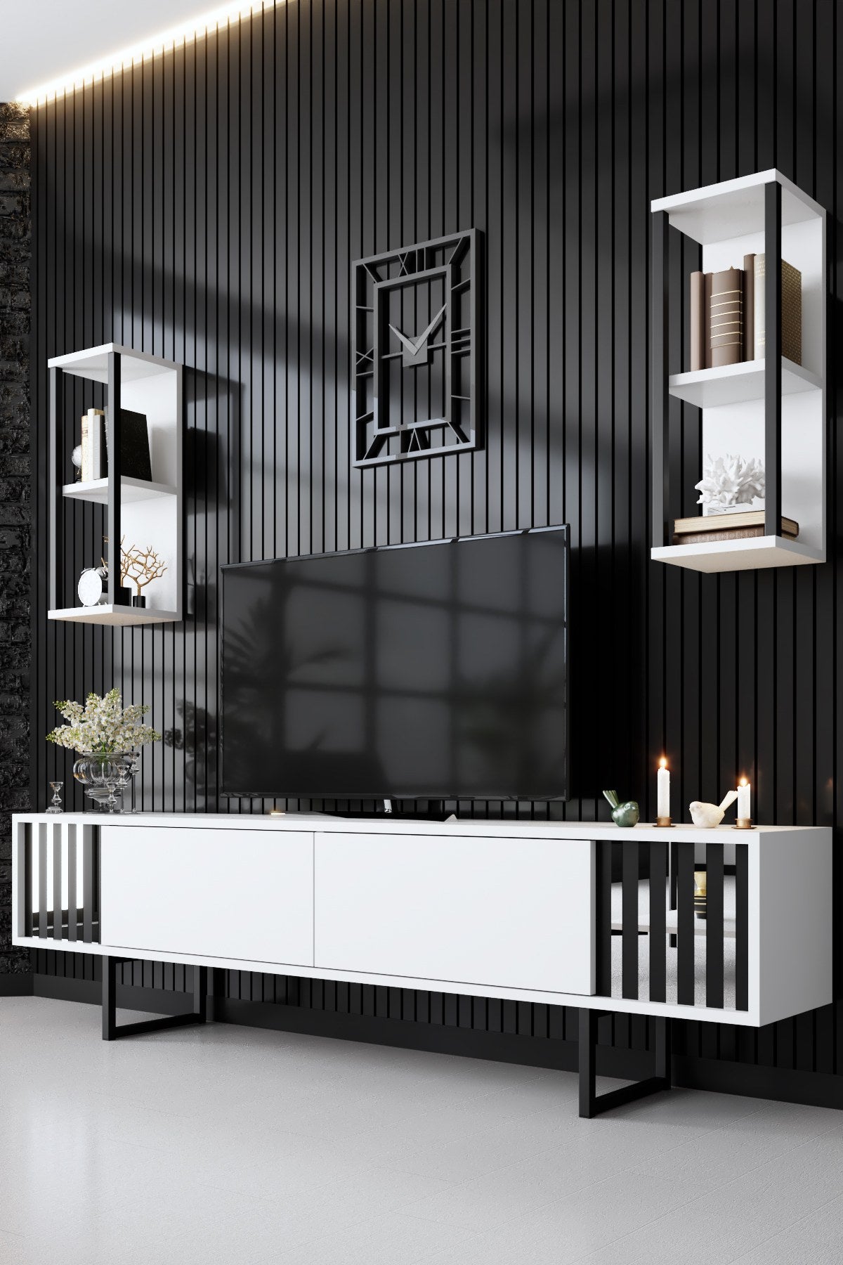 Móvel de TV elegante com prateleiras de parede (2 peças), branco e preto, 180 x 30 x 48 cm | 100% revestido em melamina, pernas de metal, design moderno para salas de estar e espaços de entretenimento