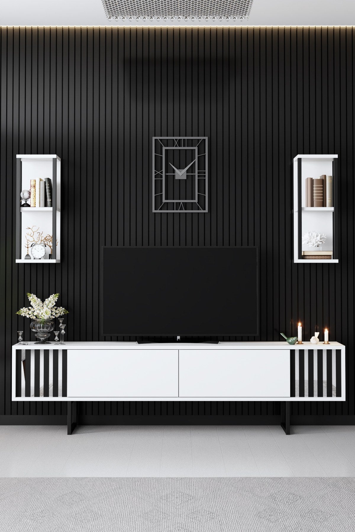 Móvel de TV elegante com prateleiras de parede (2 peças), branco e preto, 180 x 30 x 48 cm | 100% revestido em melamina, pernas de metal, design moderno para salas de estar e espaços de entretenimento