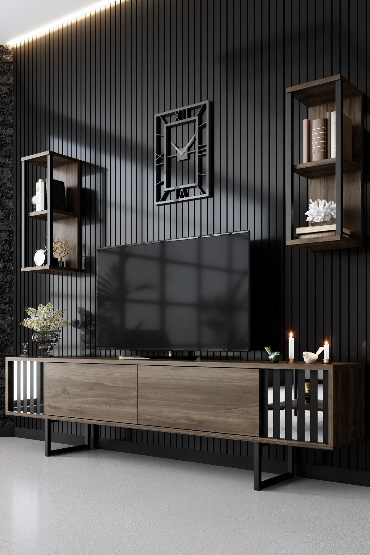 Móvel de TV elegante com prateleiras de parede, nogueira e preto, 180 x 30 x 48 cm | Painel de partículas 100% revestido em melamina, pés de metal | Design moderno para sala de estar