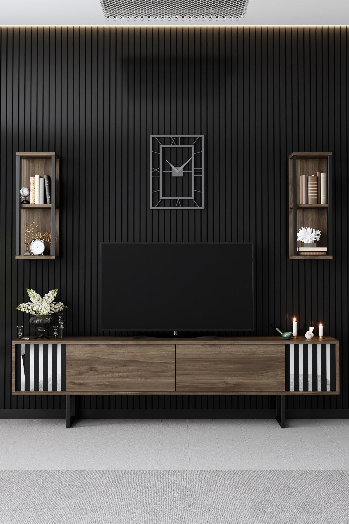 Móvel de TV elegante com prateleiras de parede, nogueira e preto, 180 x 30 x 48 cm | Painel de partículas 100% revestido em melamina, pés de metal | Design moderno para sala de estar
