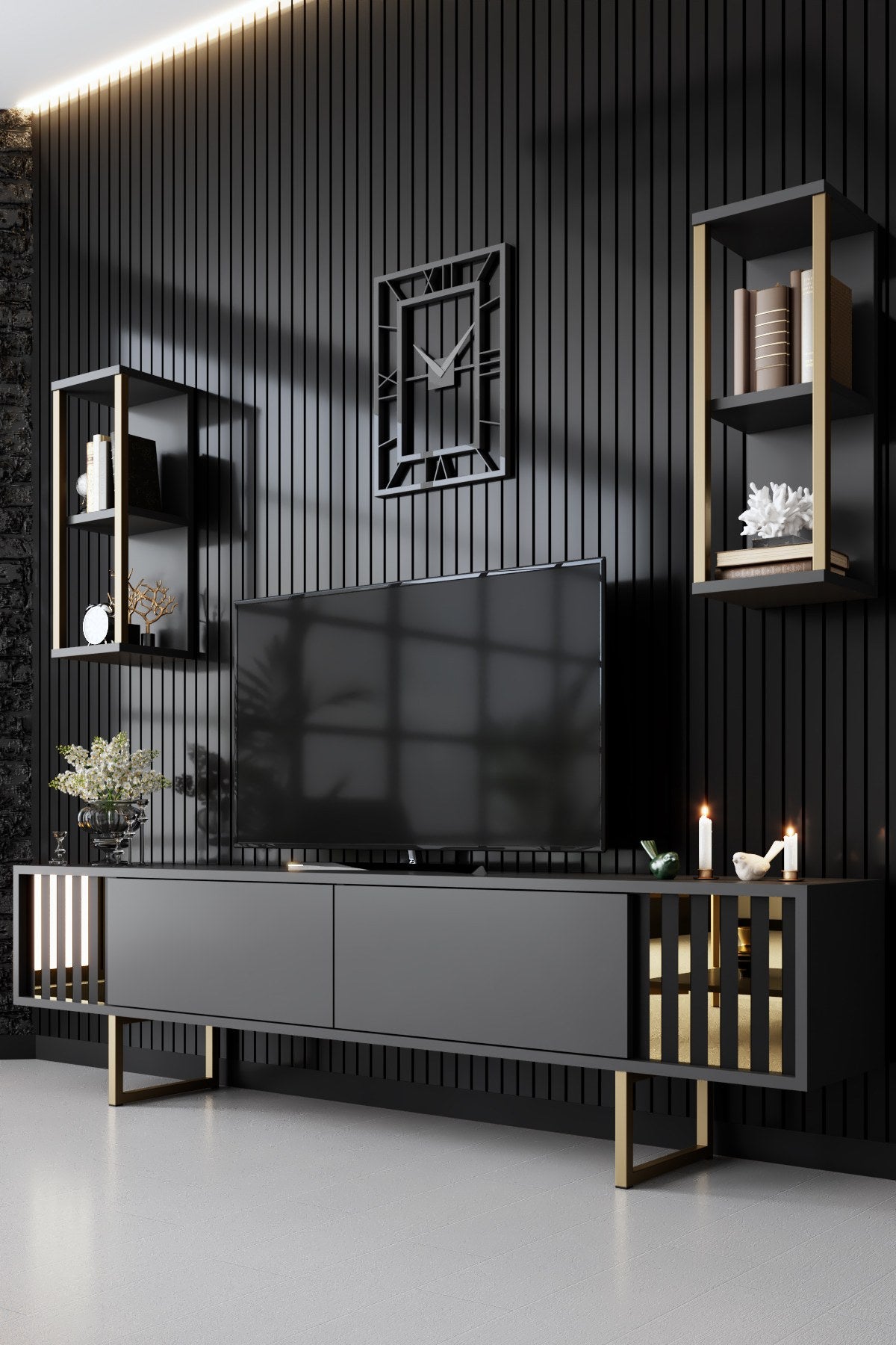 Móvel de TV elegante com prateleiras de parede, antracite e preto, 180 x 30 x 48 cm | Painel de partículas 100% revestido em melamina, pés de metal | Design moderno para sala de estar