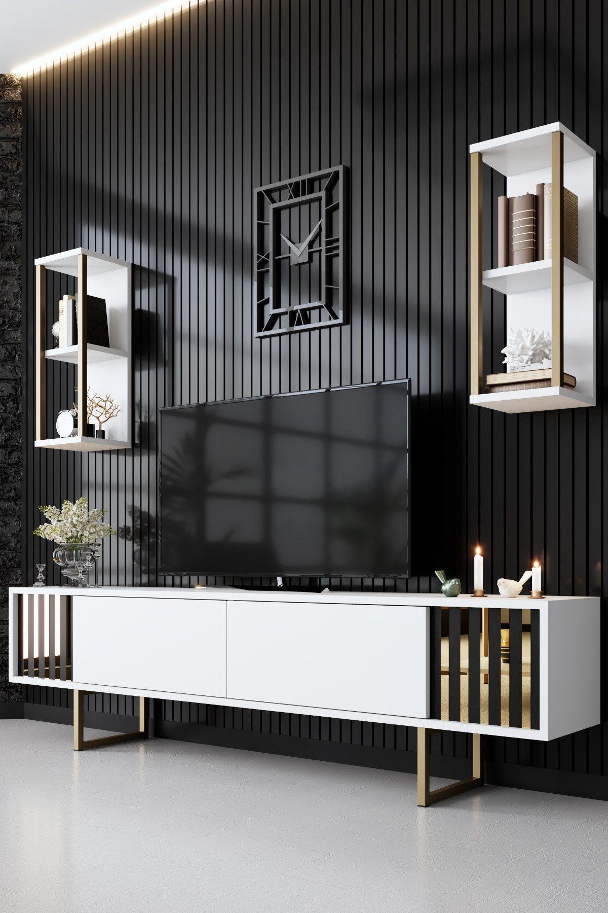 Móvel de TV elegante com prateleiras de parede (2 peças), branco e preto, 180 x 30 x 48 cm | 100% revestido em melamina, pernas de metal, design moderno para salas de estar e espaços de entretenimento