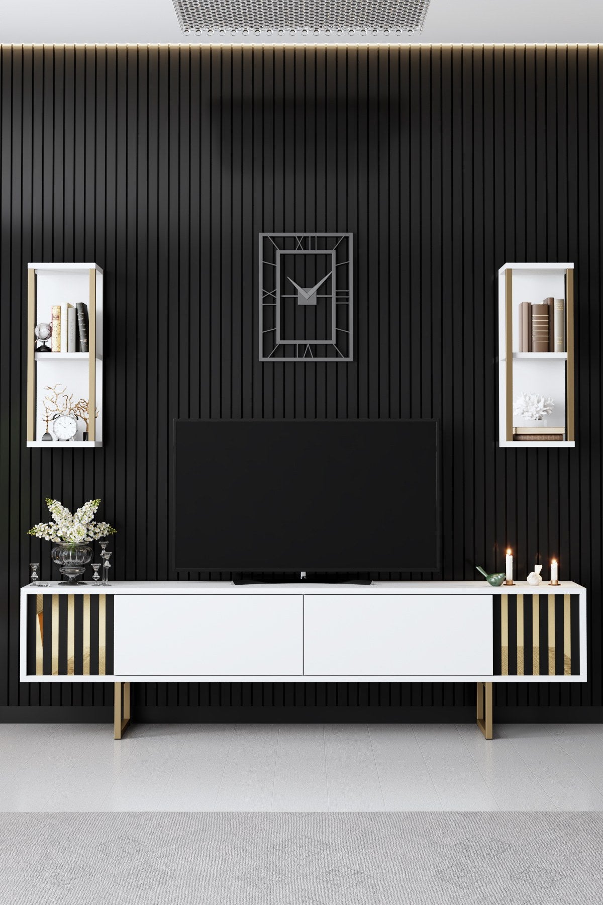 Móvel de TV elegante com prateleiras de parede (2 peças), branco e preto, 180 x 30 x 48 cm | 100% revestido em melamina, pernas de metal, design moderno para salas de estar e espaços de entretenimento