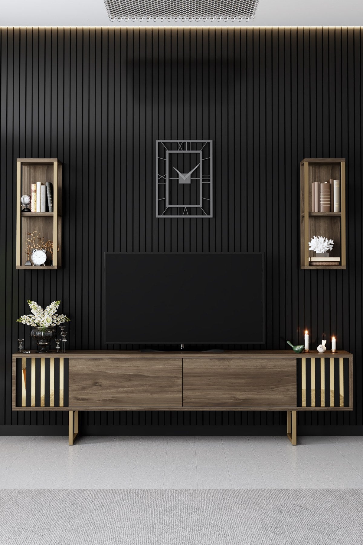 Móvel de TV elegante com prateleiras de parede, nogueira e preto, 180 x 30 x 48 cm | Painel de partículas 100% revestido em melamina, pés de metal | Design moderno para sala de estar