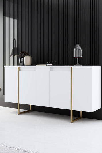 Mesa de console elegante com pernas de metal, branca e dourada, 160 x 35 x 80 cm | Painel de partículas 100% revestido de melamina, 18 mm de espessura | Uma adição elegante a qualquer espaço