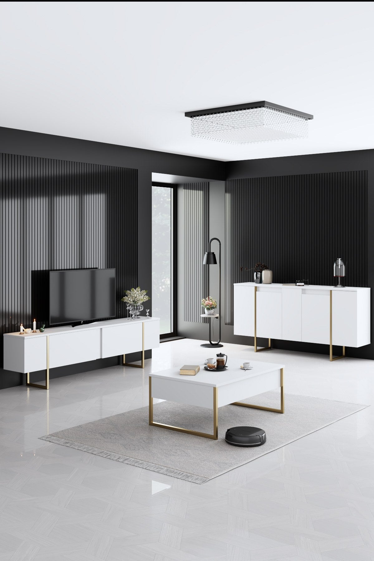 Mesa de console elegante com pernas de metal, branca e dourada, 160 x 35 x 80 cm | Painel de partículas 100% revestido de melamina, 18 mm de espessura | Uma adição elegante a qualquer espaço