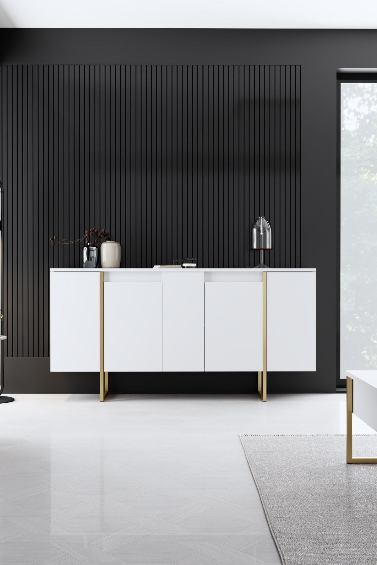 Mesa de console elegante com pernas de metal, branca e dourada, 160 x 35 x 80 cm | Painel de partículas 100% revestido de melamina, 18 mm de espessura | Uma adição elegante a qualquer espaço