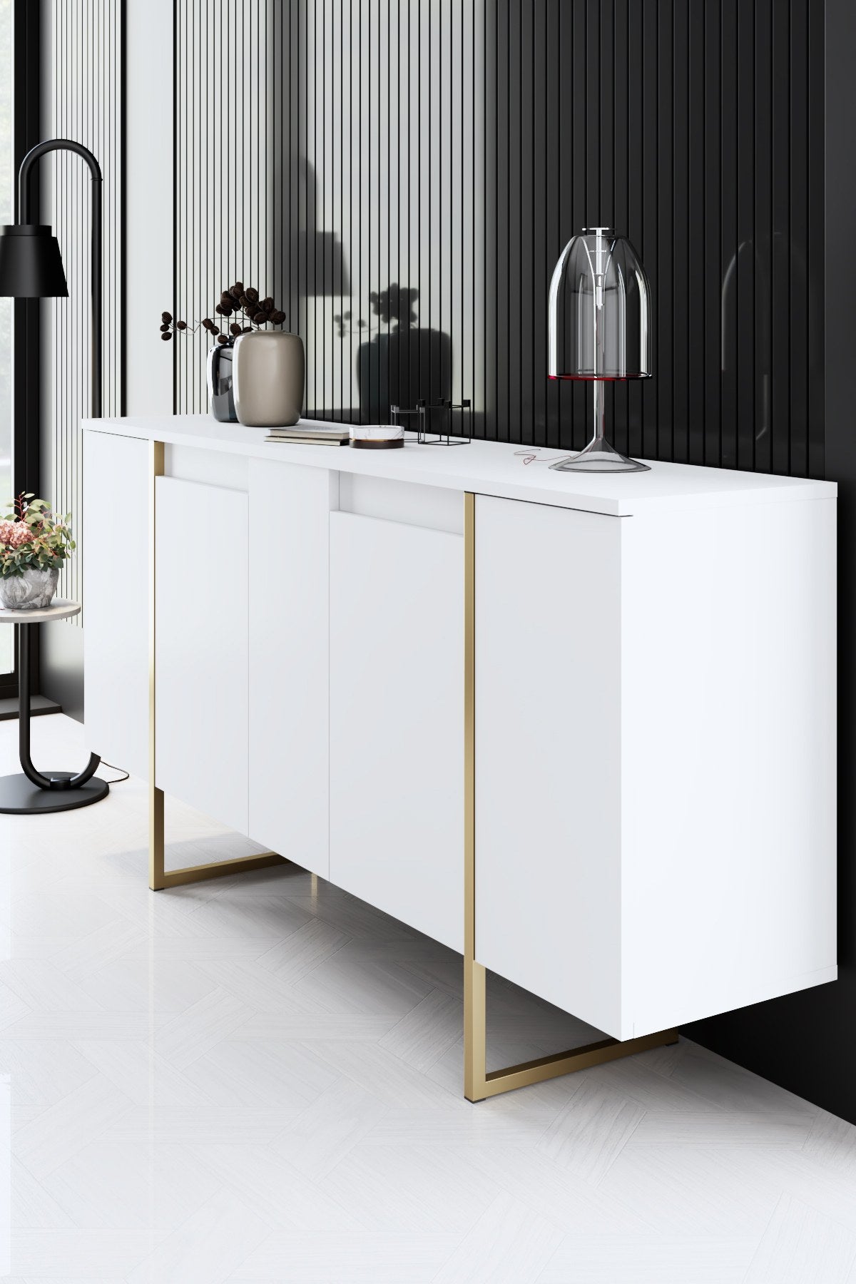 Mesa de console elegante com pernas de metal, branca e dourada, 160 x 35 x 80 cm | Painel de partículas 100% revestido de melamina, 18 mm de espessura | Uma adição elegante a qualquer espaço