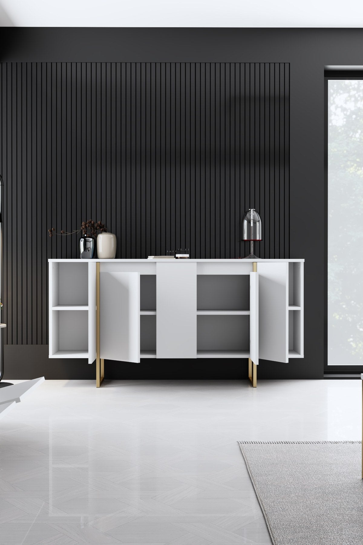 Mesa de console elegante com pernas de metal, branca e dourada, 160 x 35 x 80 cm | Painel de partículas 100% revestido de melamina, 18 mm de espessura | Uma adição elegante a qualquer espaço