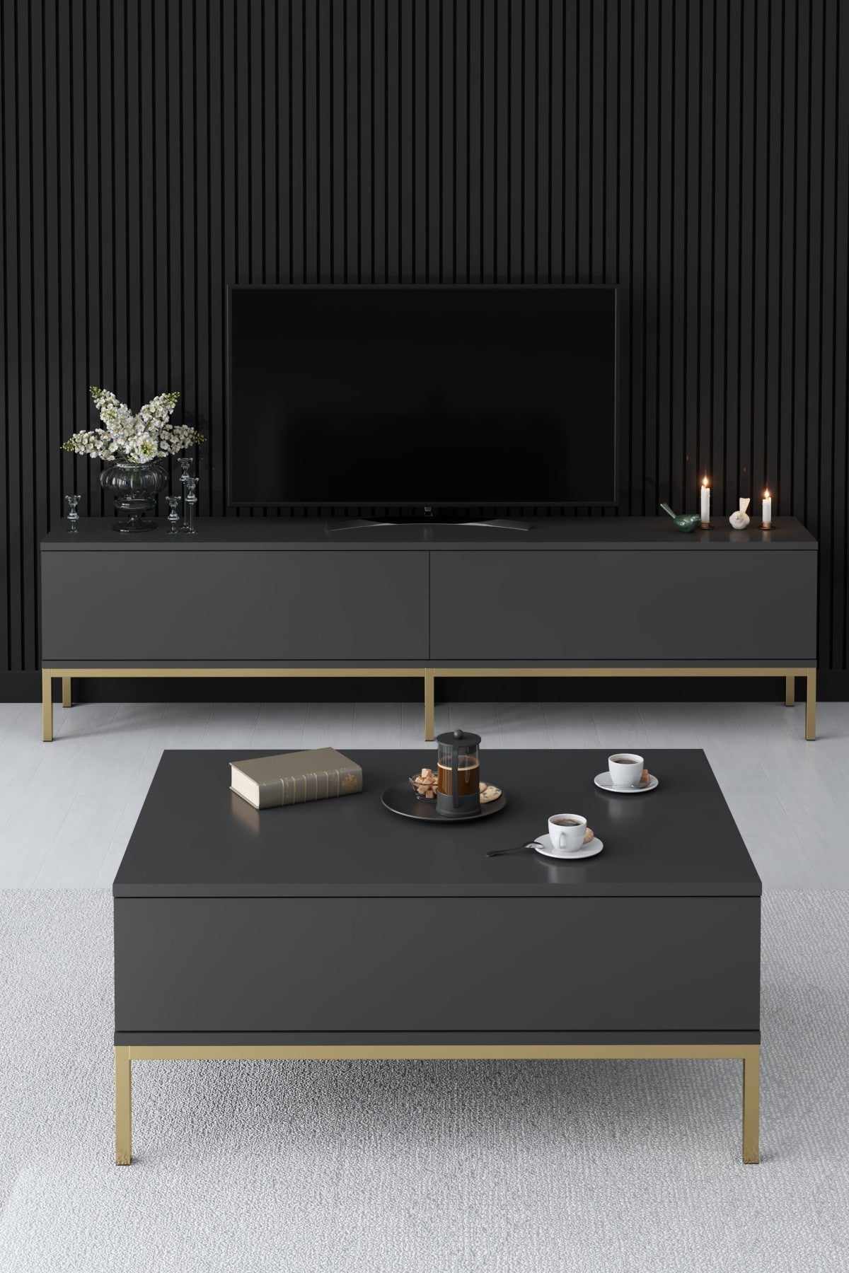 Mesa de Centro – 90 x 60 x 40 cm – Antracite e Dourado – Painel de Partículas