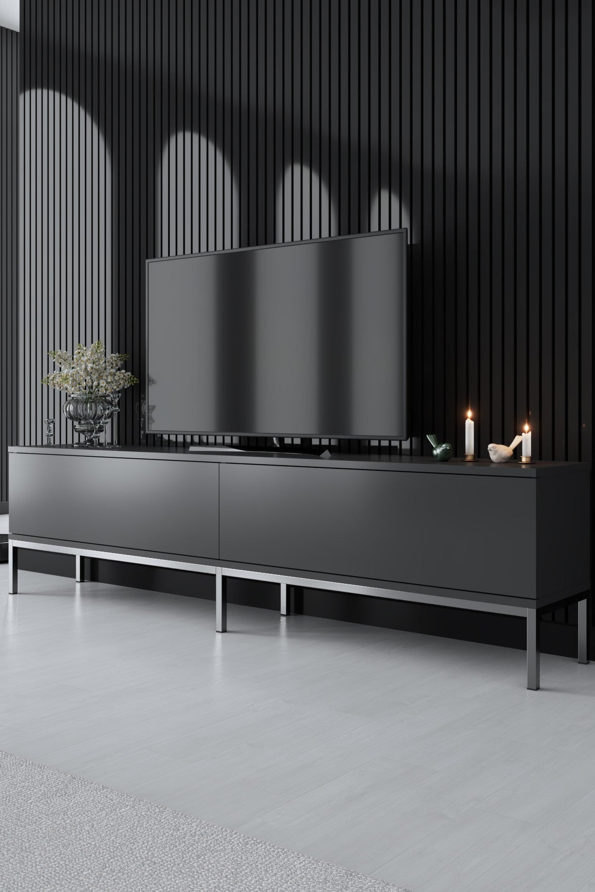 Suporte de TV elegante com pernas de metal, antracite e prata, 180 x 47 x 30 cm | Painel de partículas 100% revestido de melamina, 18 mm de espessura | Design moderno e durável