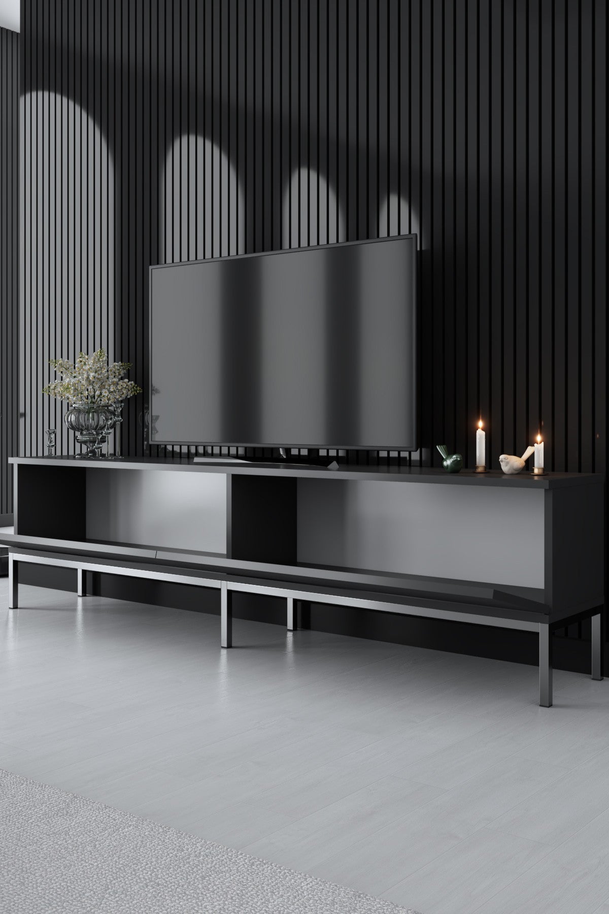 Suporte de TV elegante com pernas de metal, antracite e prata, 180 x 47 x 30 cm | Painel de partículas 100% revestido de melamina, 18 mm de espessura | Design moderno e durável