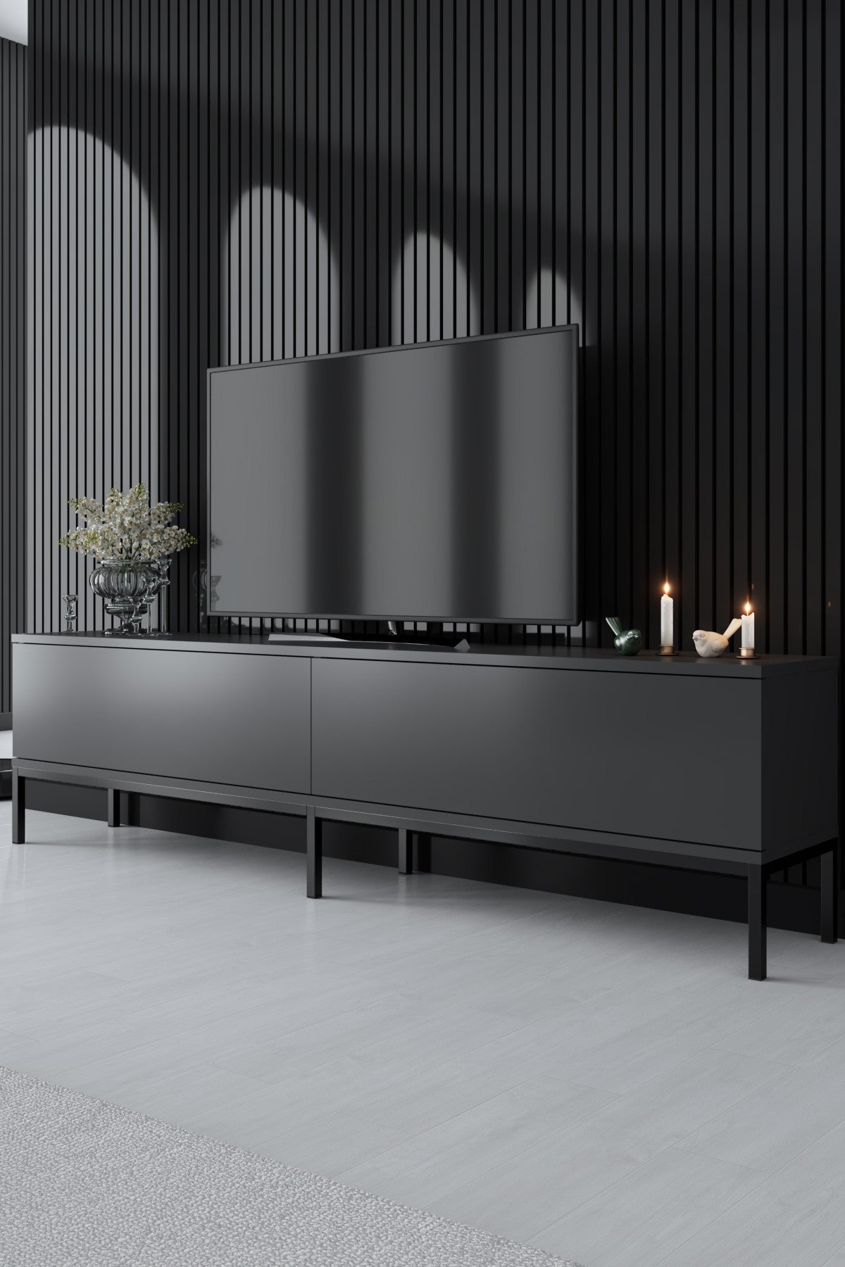 Suporte de TV elegante com pernas de metal, antracite e preto, 180 x 47 x 30 cm | Painel de partículas 100% revestido de melamina, 18 mm de espessura | Design moderno para sala de estar