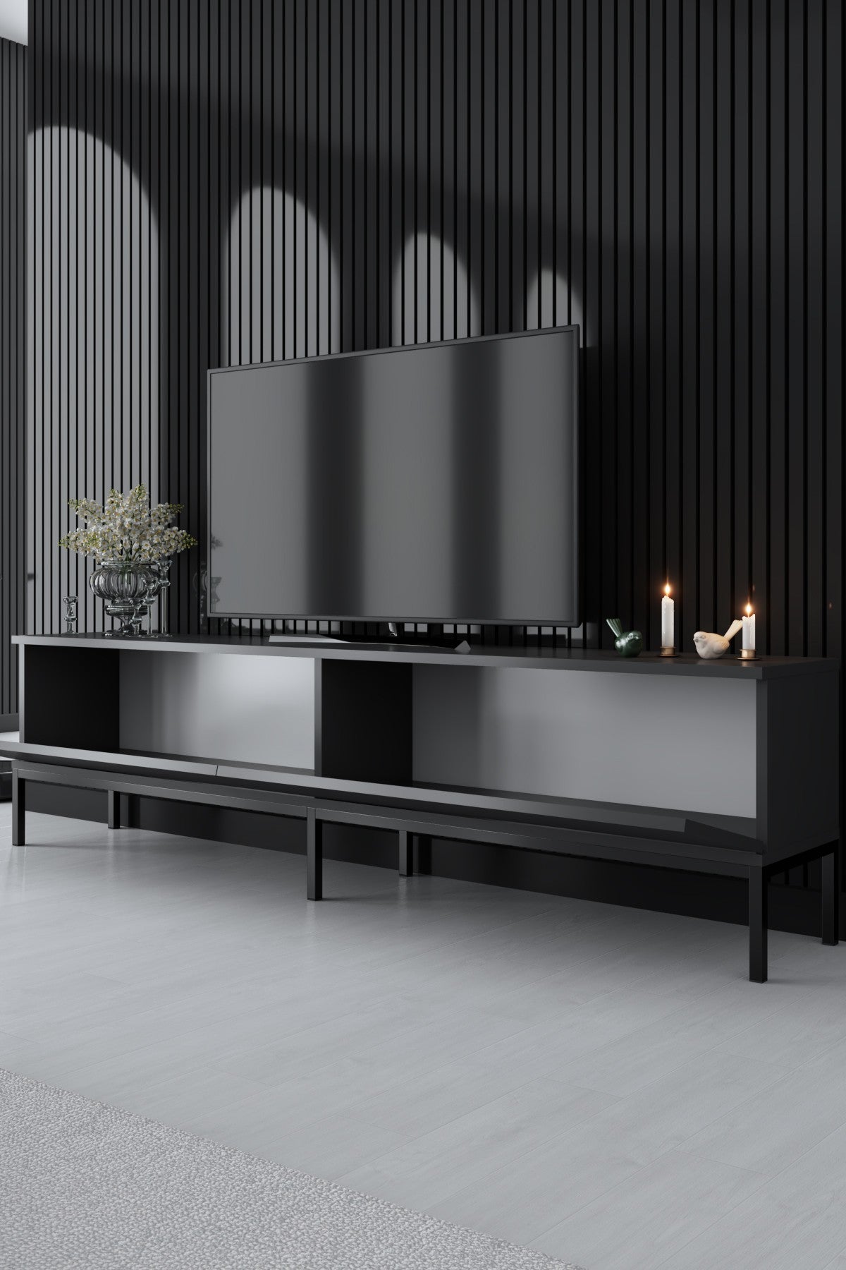 Suporte de TV elegante com pernas de metal, antracite e preto, 180 x 47 x 30 cm | Painel de partículas 100% revestido de melamina, 18 mm de espessura | Design moderno para sala de estar