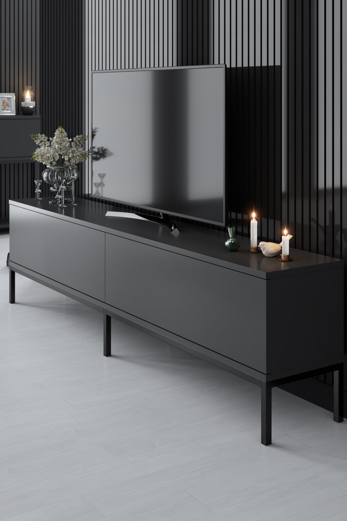 Suporte de TV elegante com pernas de metal, antracite e preto, 180 x 47 x 30 cm | Painel de partículas 100% revestido de melamina, 18 mm de espessura | Design moderno para sala de estar