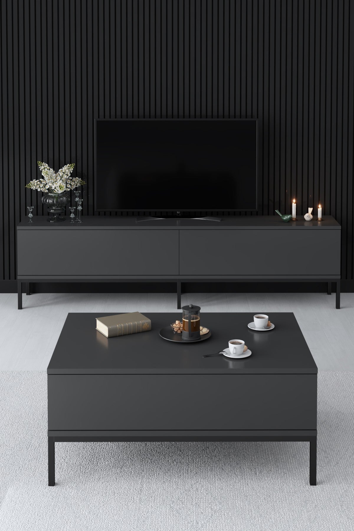 Suporte de TV elegante com pernas de metal, antracite e preto, 180 x 47 x 30 cm | Painel de partículas 100% revestido de melamina, 18 mm de espessura | Design moderno para sala de estar