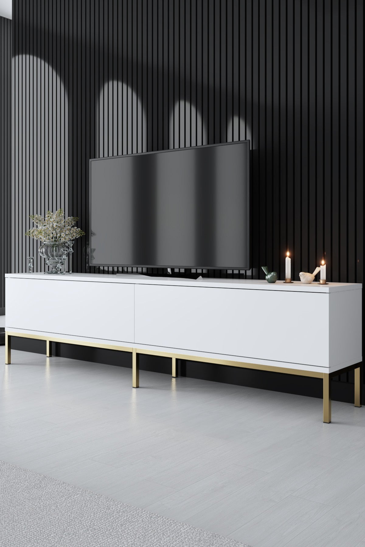 Suporte de TV elegante com pés de metal, branco e dourado, 180 x 47 x 30 cm | Painel de partículas 100% revestido de melamina, 18 mm de espessura | Design elegante e funcional para salas de estar modernas