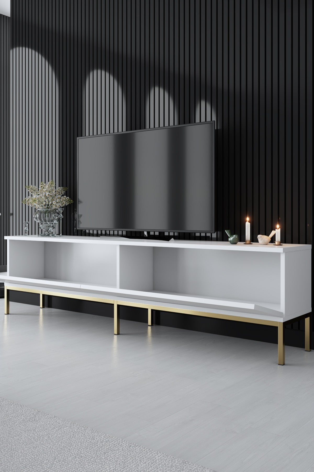 Suporte de TV elegante com pés de metal, branco e dourado, 180 x 47 x 30 cm | Painel de partículas 100% revestido de melamina, 18 mm de espessura | Design elegante e funcional para salas de estar modernas