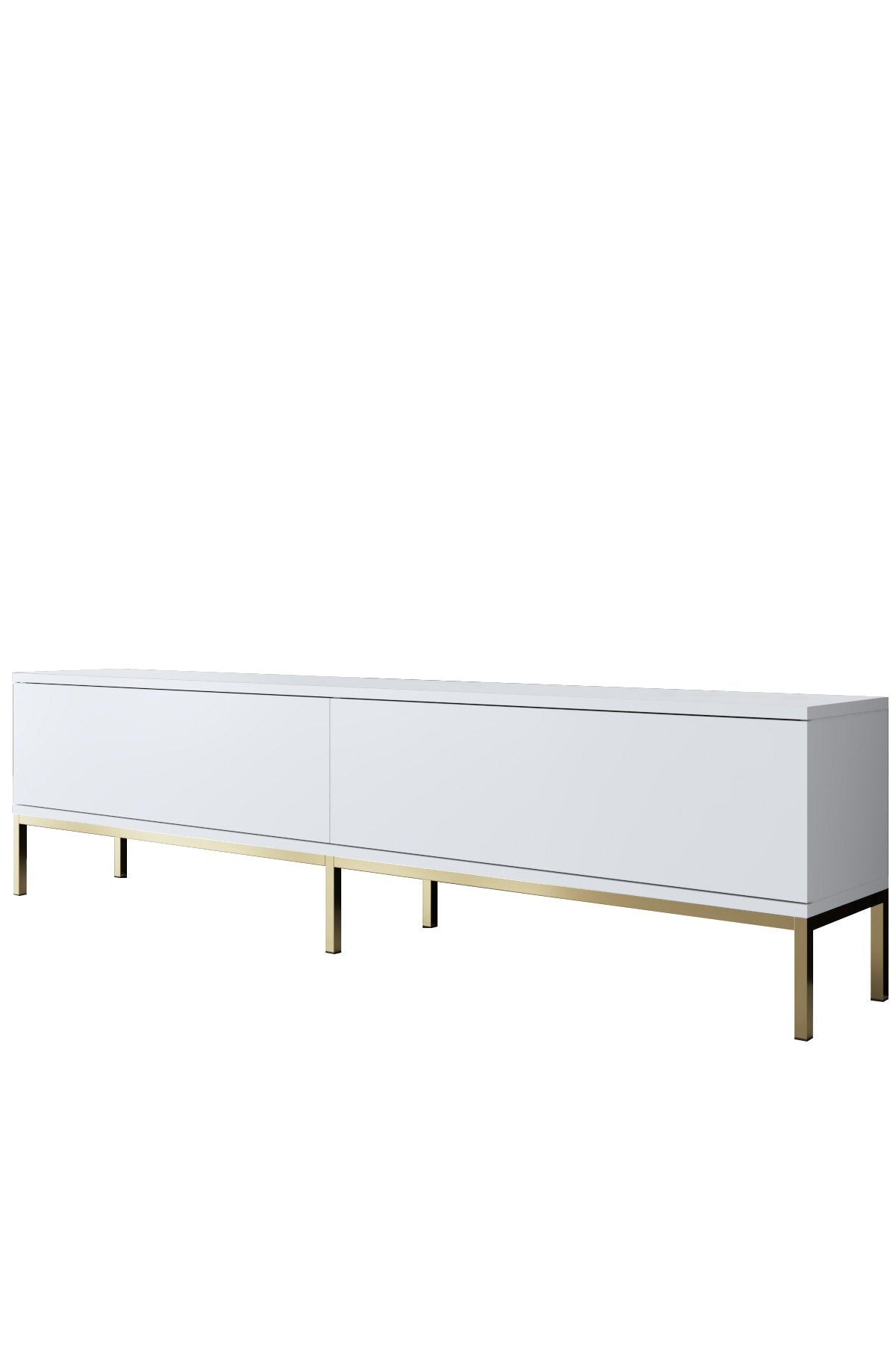 Suporte de TV elegante com pés de metal, branco e dourado, 180 x 47 x 30 cm | Painel de partículas 100% revestido de melamina, 18 mm de espessura | Design elegante e funcional para salas de estar modernas