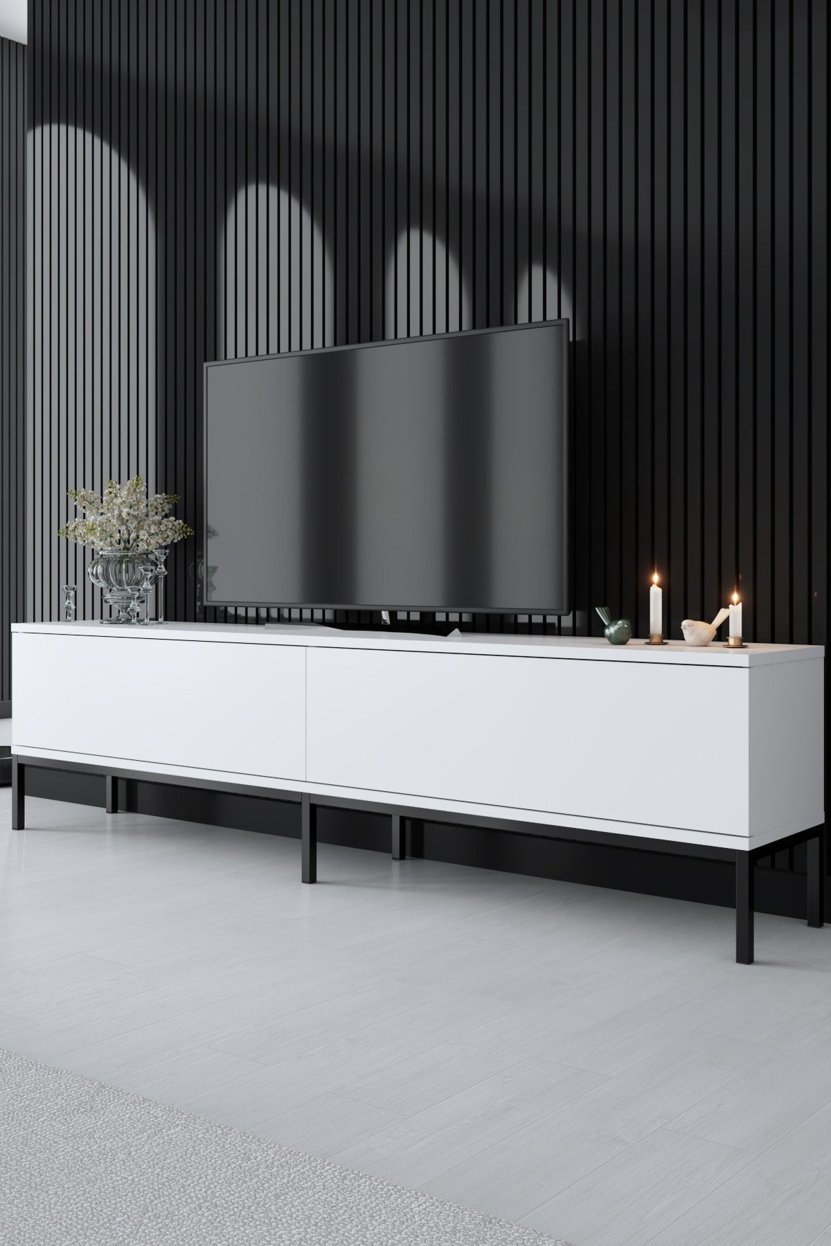Suporte de TV elegante com pernas de metal, preto e branco, 180 cm x 47 cm x 30 cm | Painel de partículas 100% revestido de melamina, 18 mm de espessura | Design moderno para sala de estar