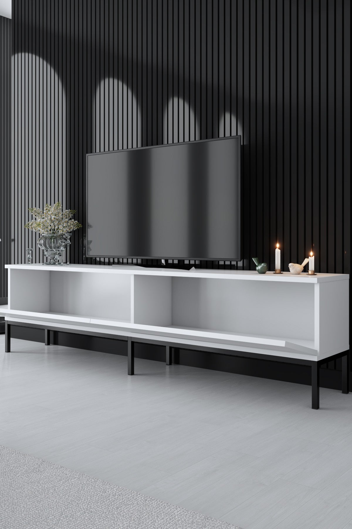 Suporte de TV elegante com pernas de metal, preto e branco, 180 cm x 47 cm x 30 cm | Painel de partículas 100% revestido de melamina, 18 mm de espessura | Design moderno para sala de estar