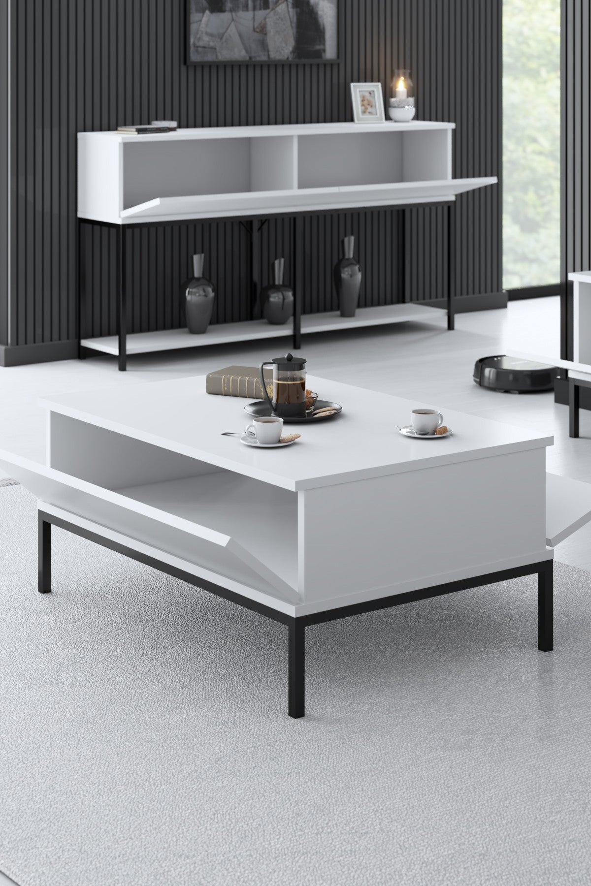 Mesa de Centro – 90 x 60 x 40 cm – Preto e Branco – Painel de Partículas revestido a Melamina e Metal