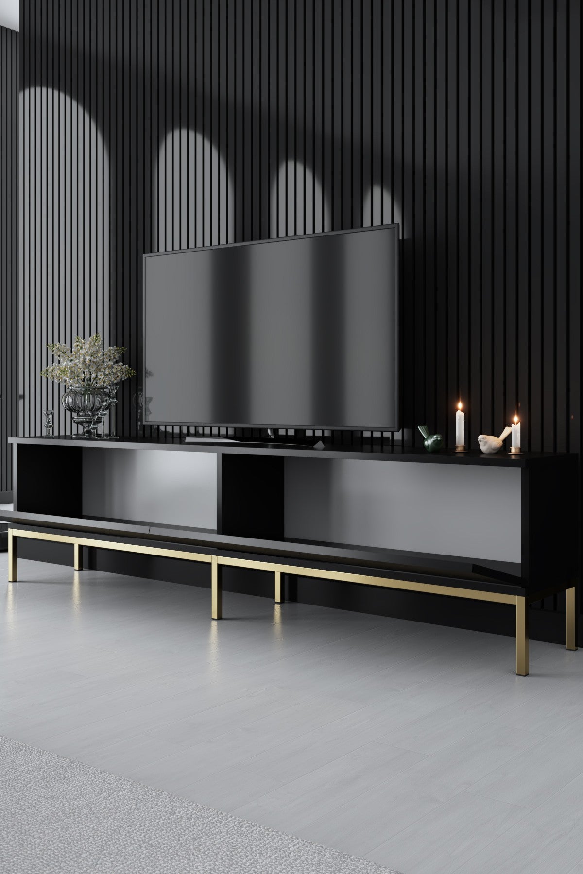 Suporte de TV elegante com pernas de metal, preto e dourado, 180 x 47 x 30 cm | Painel de partículas 100% revestido de melamina, 18 mm de espessura | Design moderno para sala de estar