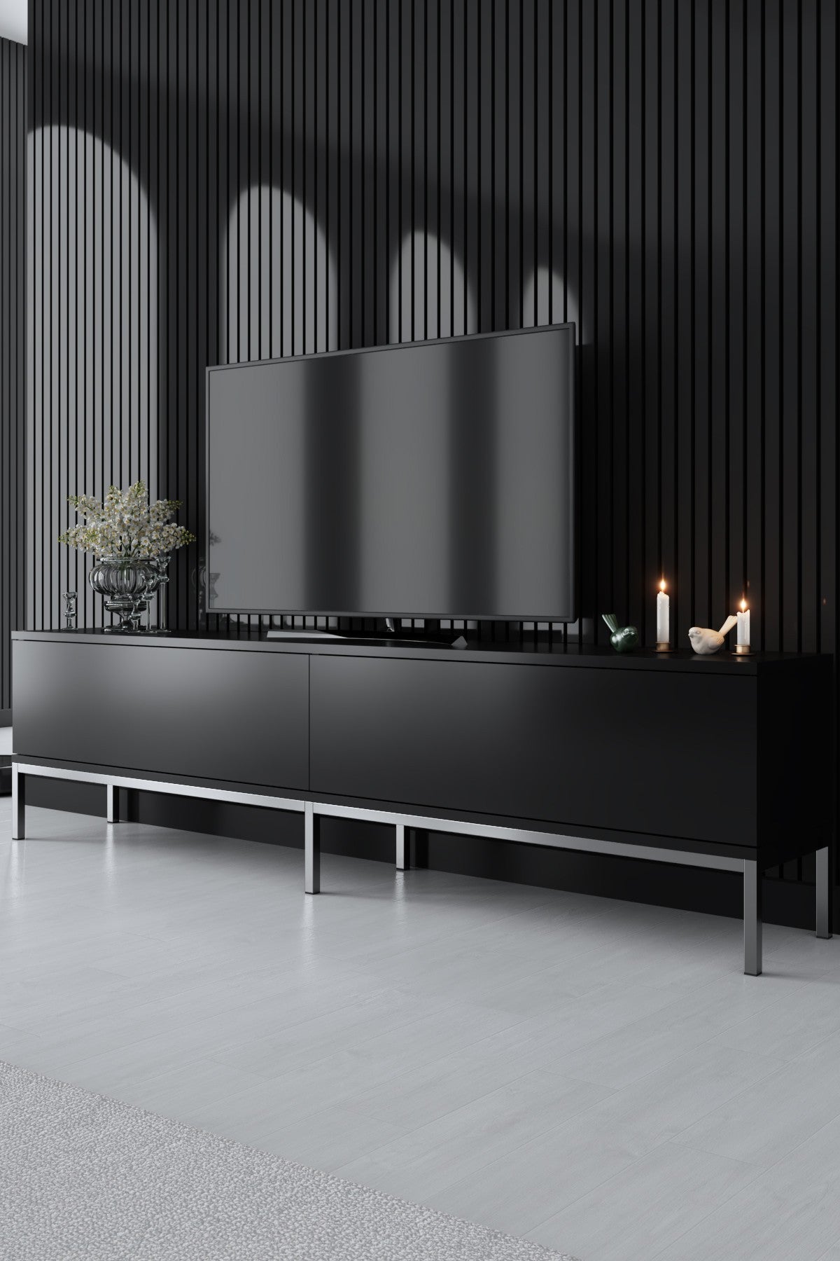 Suporte de TV elegante com pernas de metal, preto e prata, 180 x 47 x 30 cm | Painel de partículas 100% revestido de melamina, 18 mm de espessura | Design moderno para sala de estar