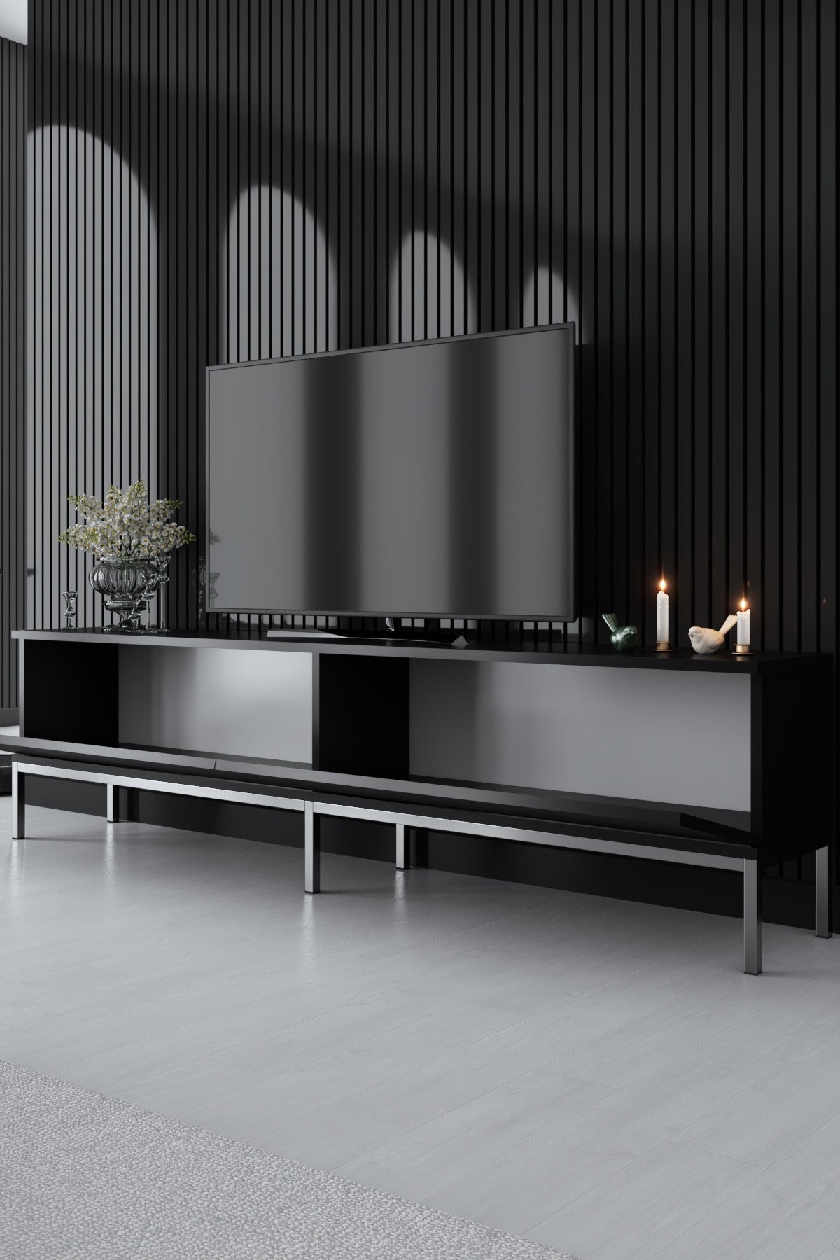 Suporte de TV elegante com pernas de metal, preto e prata, 180 x 47 x 30 cm | Painel de partículas 100% revestido de melamina, 18 mm de espessura | Design moderno para sala de estar