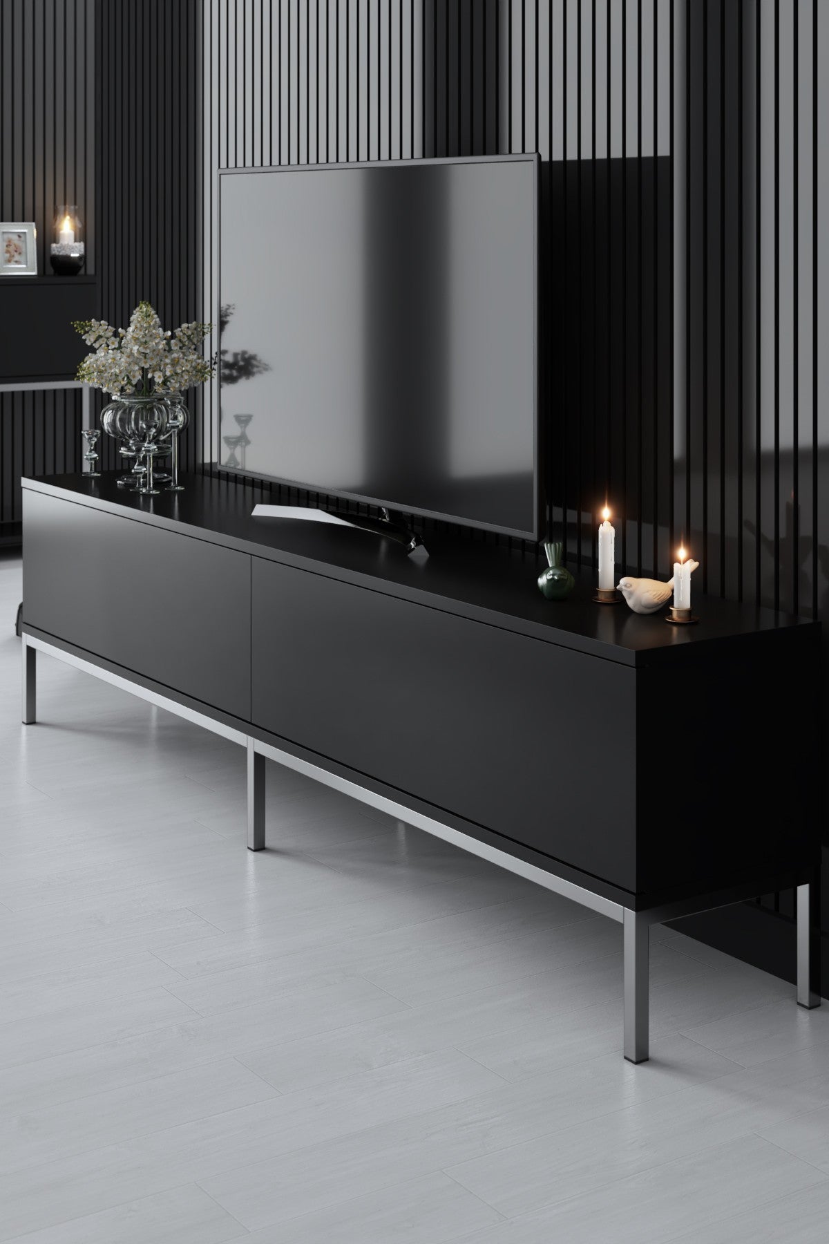 Suporte de TV elegante com pernas de metal, preto e prata, 180 x 47 x 30 cm | Painel de partículas 100% revestido de melamina, 18 mm de espessura | Design moderno para sala de estar