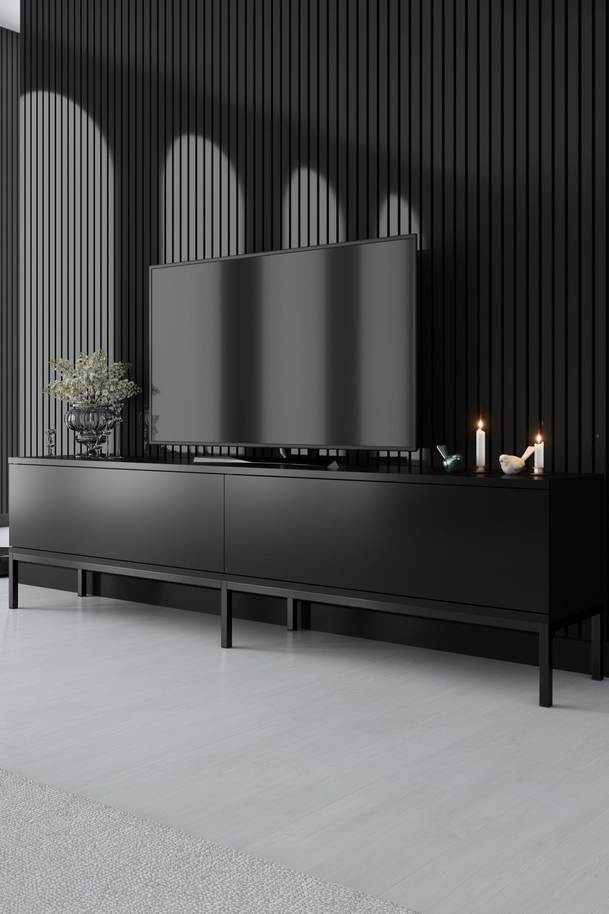 Suporte de TV elegante, preto, 180 cm de largura, 47 cm de altura, 30 cm de profundidade | Painel de partículas 100% revestido de melamina, 18 mm de espessura, pernas de metal resistentes | Design moderno para sala de estar