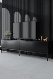 Suporte de TV elegante, preto, 180 cm de largura, 47 cm de altura, 30 cm de profundidade | Painel de partículas 100% revestido de melamina, 18 mm de espessura, pernas de metal resistentes | Design moderno para sala de estar