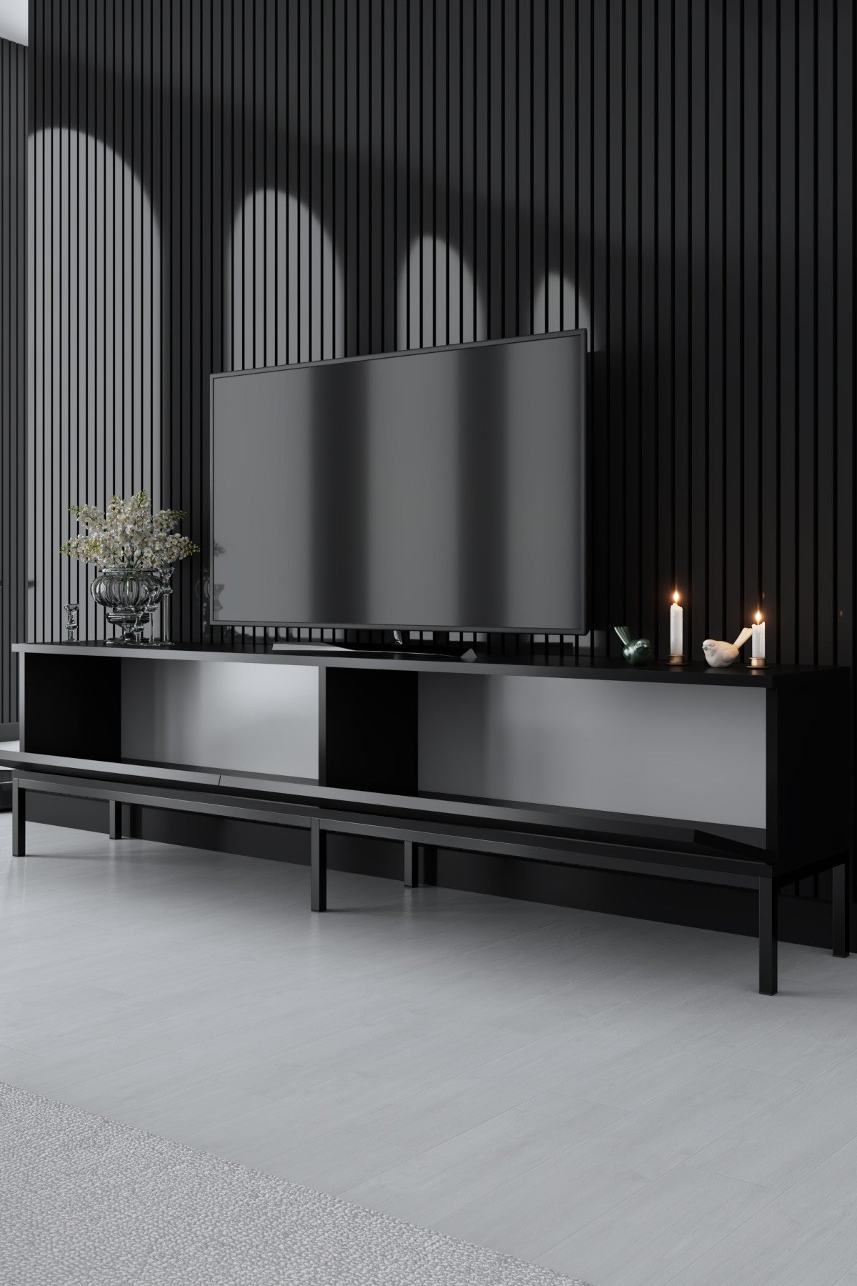 Suporte de TV elegante, preto, 180 cm de largura, 47 cm de altura, 30 cm de profundidade | Painel de partículas 100% revestido de melamina, 18 mm de espessura, pernas de metal resistentes | Design moderno para sala de estar